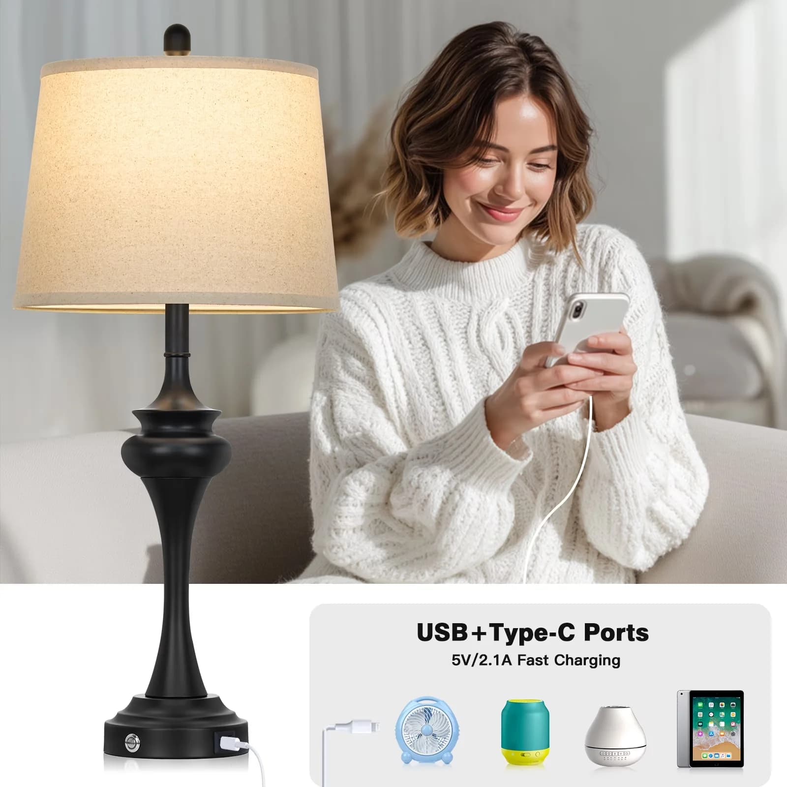 Durable Lamp Set with LED, Standard Lamps, Energy Efficient - Metal Black for Living Room, Bedroom Model 37200E