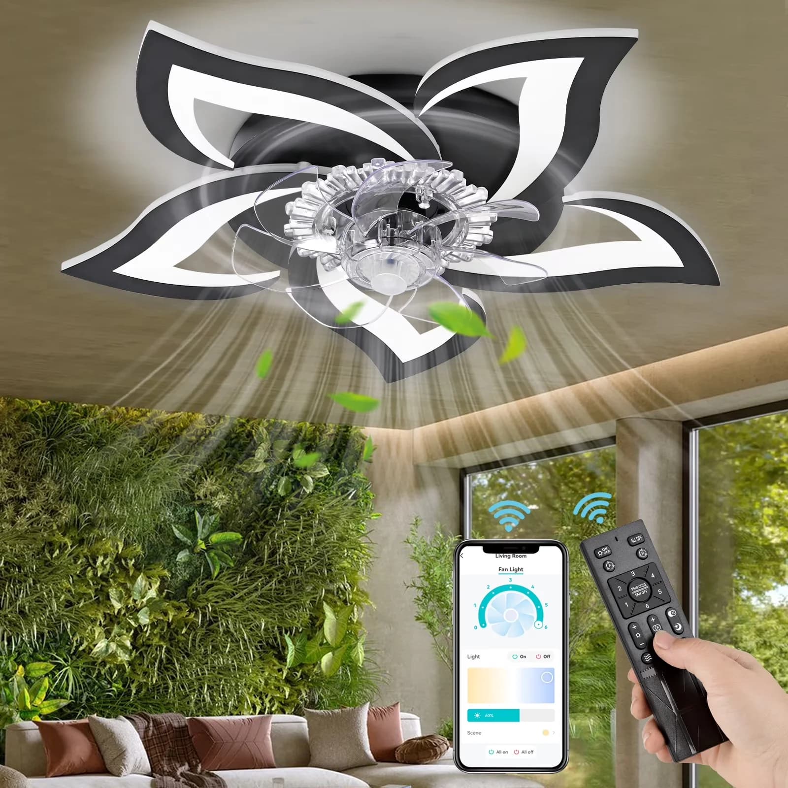 Ceiling Fan Sleek with LED, Dimmable, 3 Colors 6 Wind Levels - Acrylic Black Model 1365ED