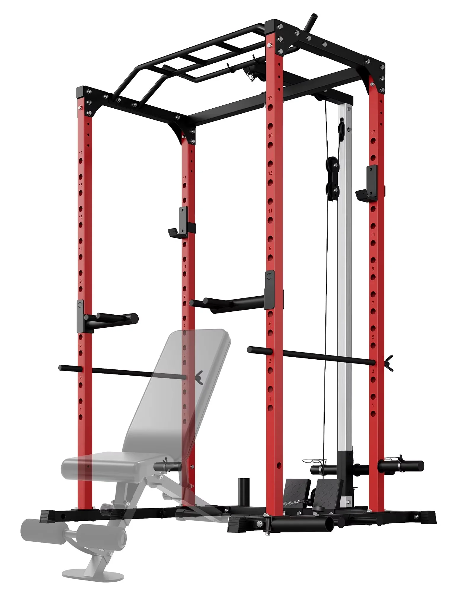 Home Gym Versatile with Space-Saving, Optional Pulley System and Dip Handles - ‎Aluminum Red for Home Model E1A249