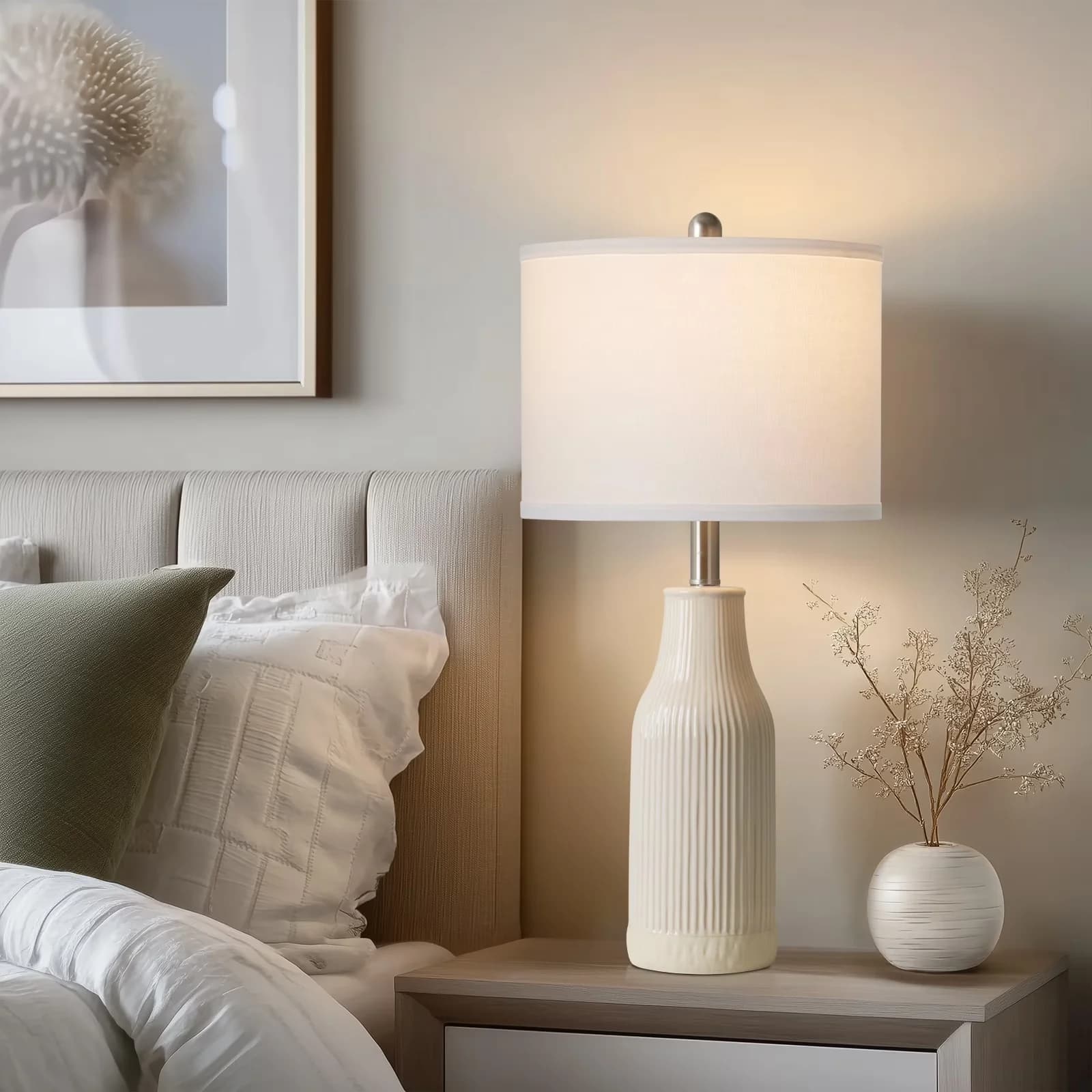 Lamp Set Versatile with LED, Farmhouse - White Ceramic for Living Room, Bedroom Model B2D618