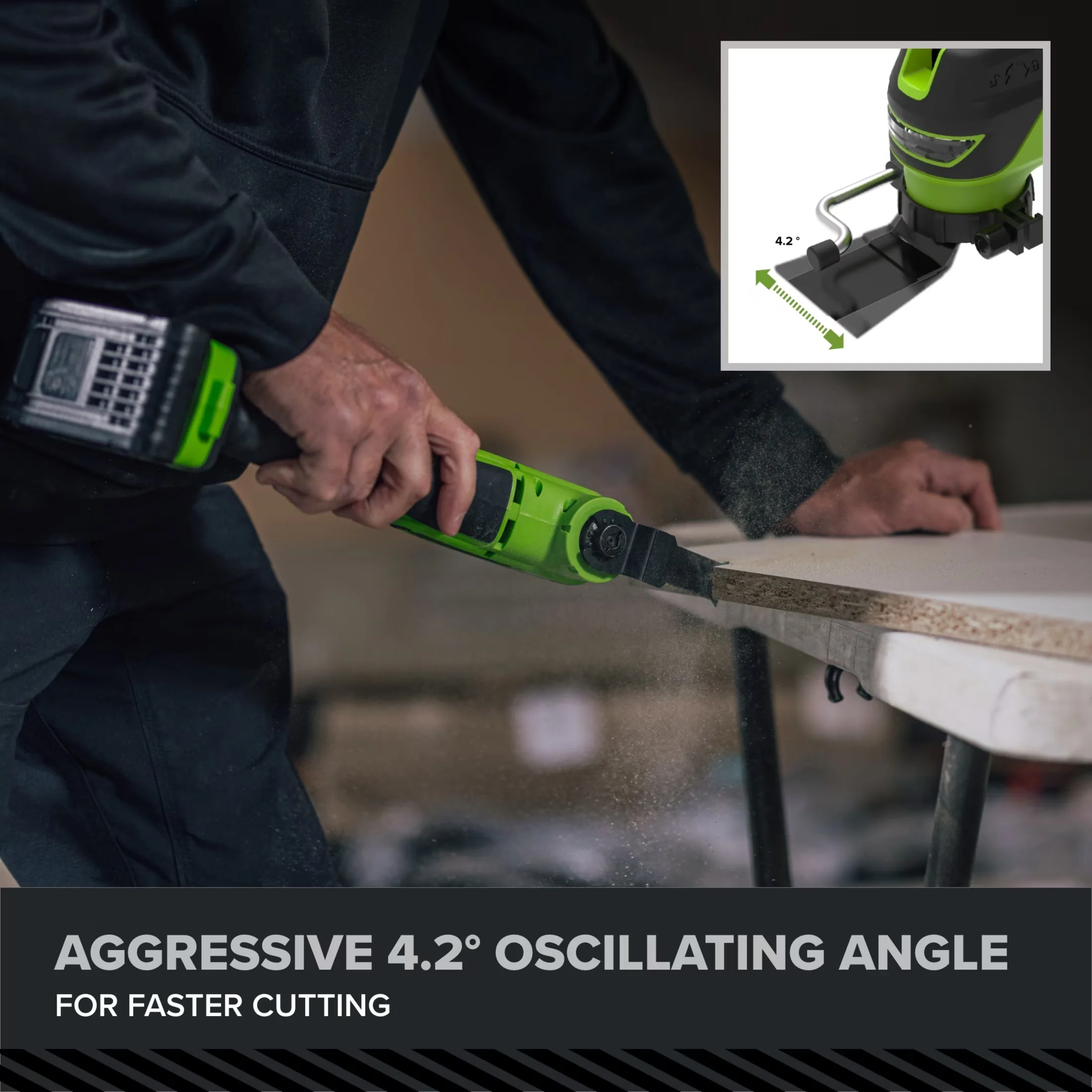 Compact Woodworking with Battery, 24V, Multi Tool - Green - Low Maintenance Model 965319