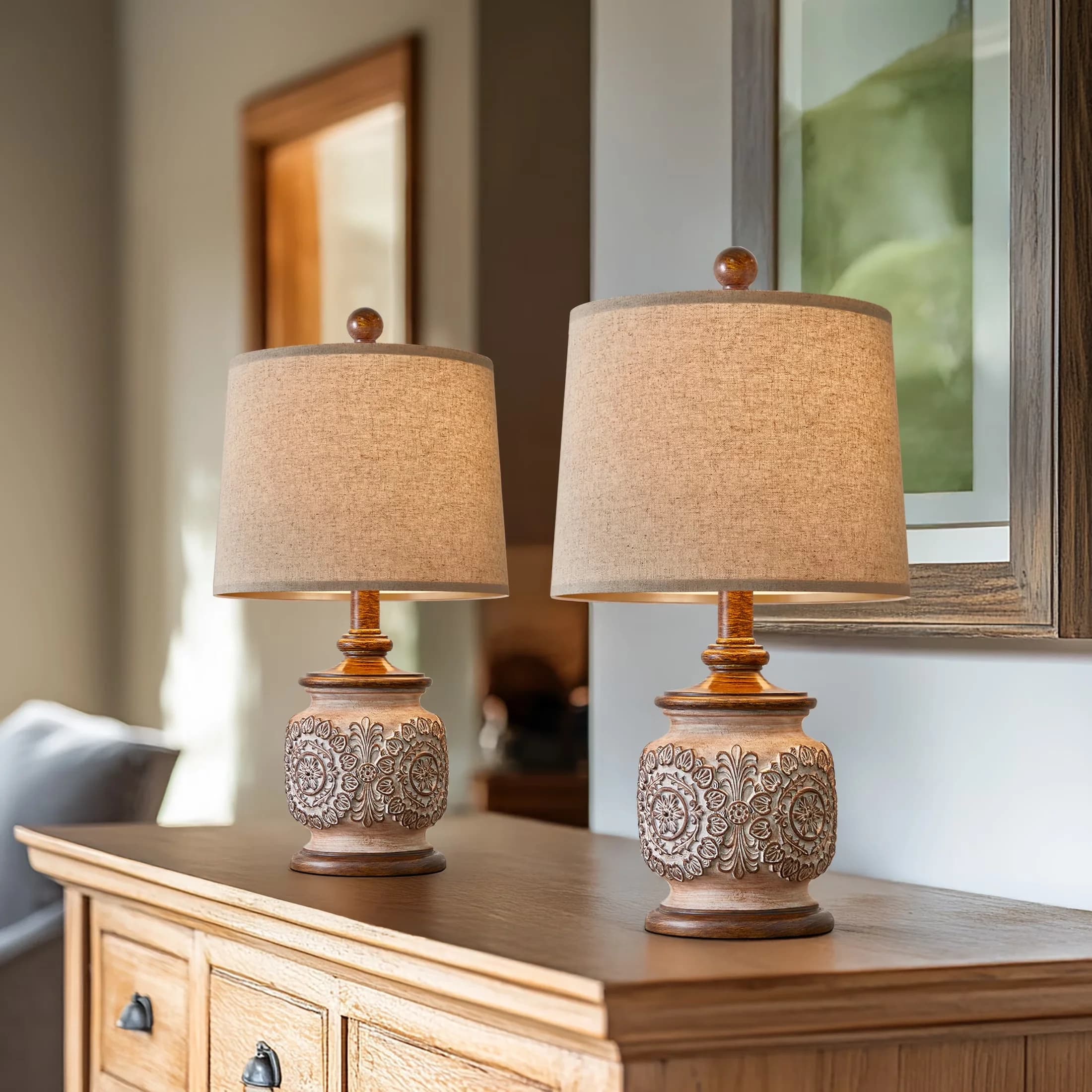 Stylish Lamp Set with LED, Eco Friendly, Vintage Table Lamps Bedside of 2 - Brown Resin Model 85DC35