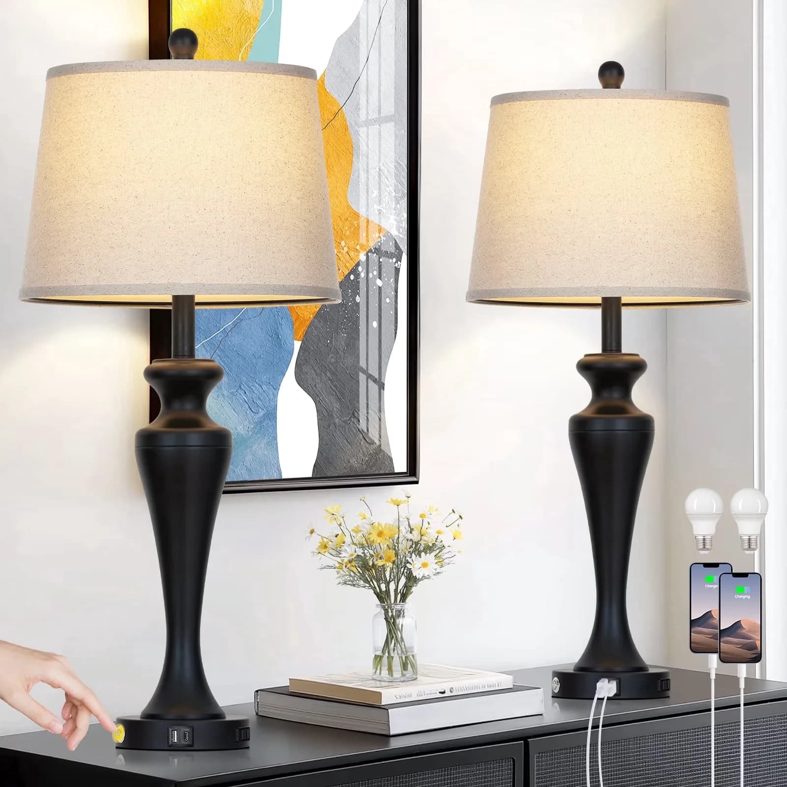 Lamp Versatile with LED, Usb Port - Black Metal for Living Room, Bedroom Model A80796