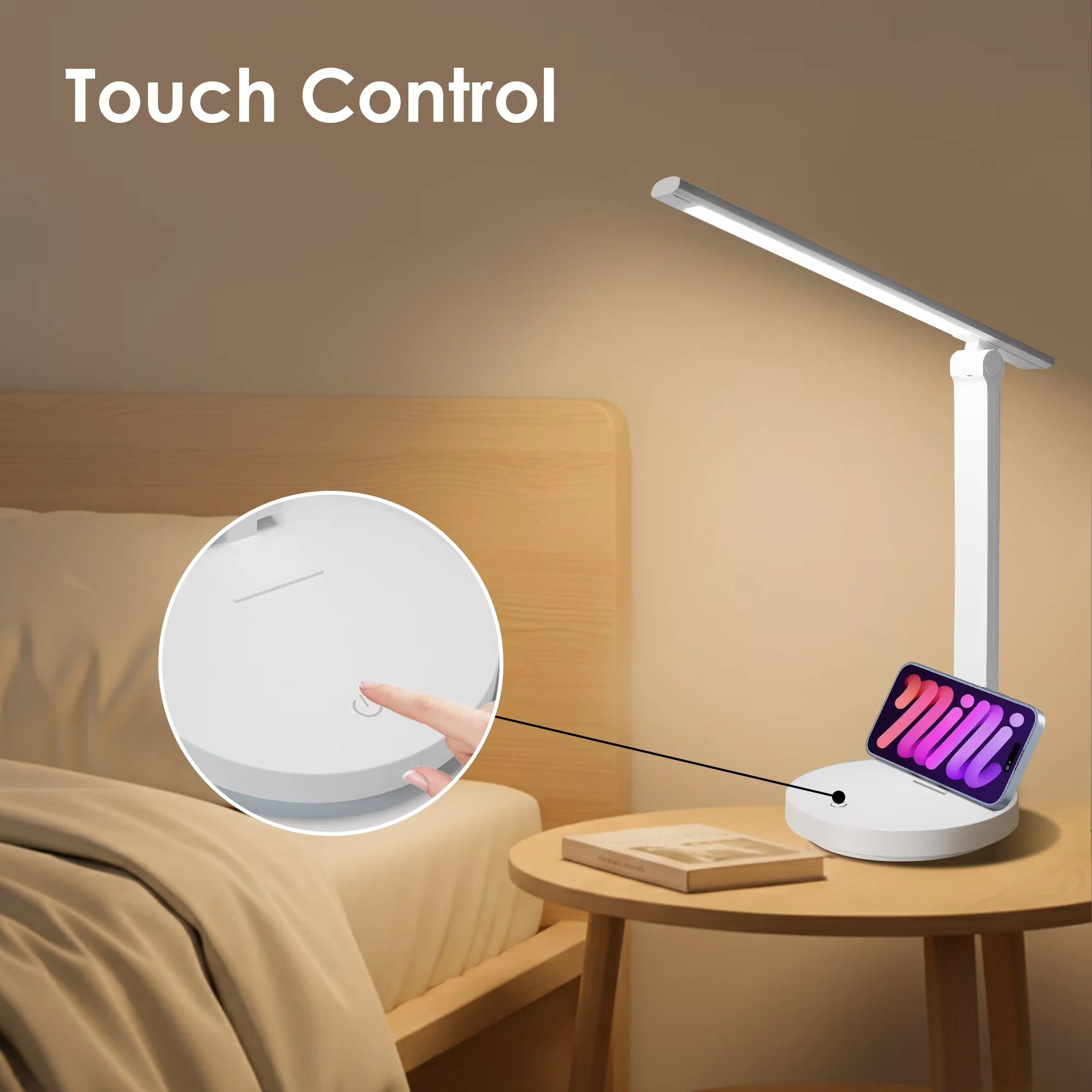 Modern Desk Lamp with LED, Dimmable, Rechargeable LED - White Plastic for Home, Office Model 729936