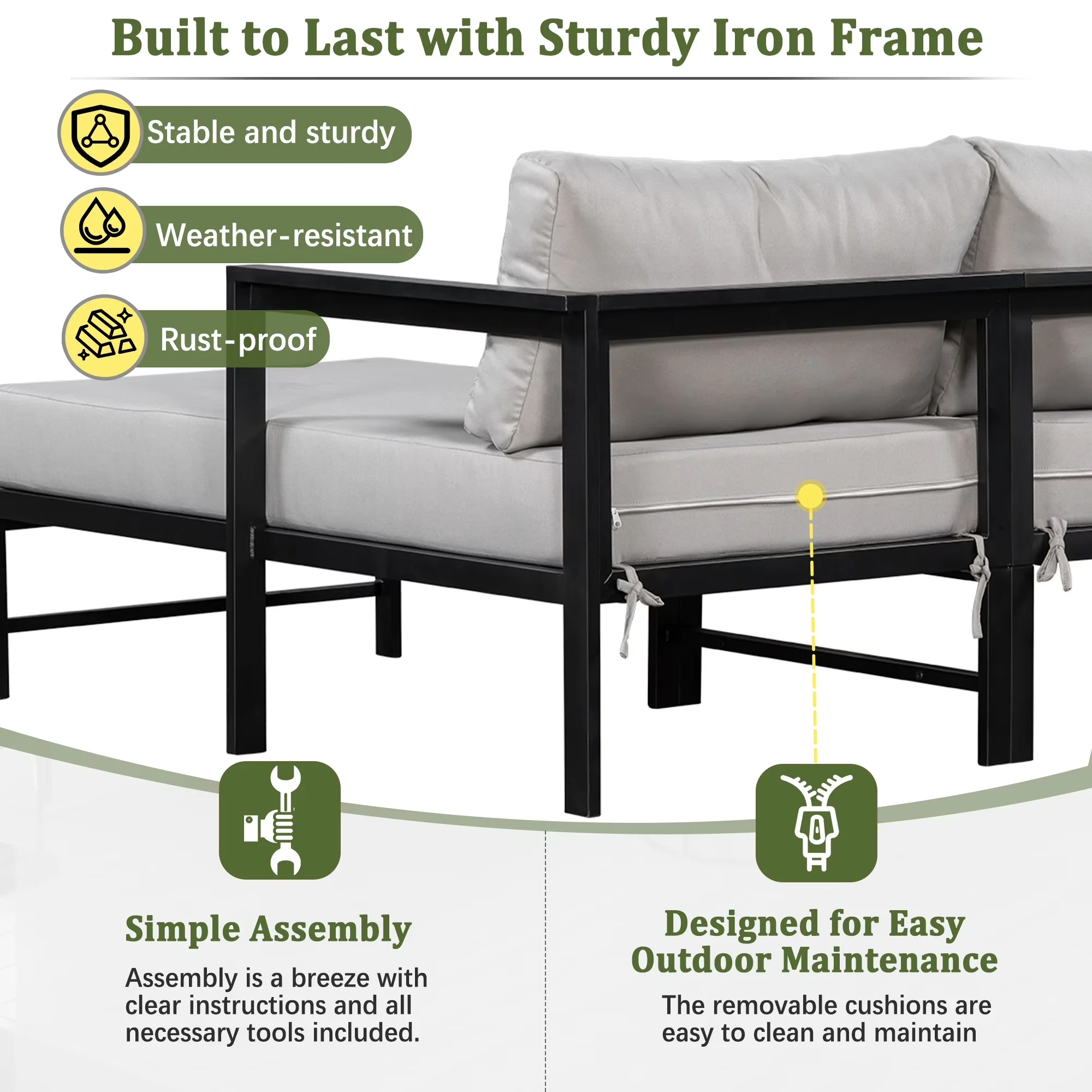 Efficient Outdoor Sofas Sectional with Weather-Resistant, Removable Cushion Cover - Gray Iron Model 9E3F62