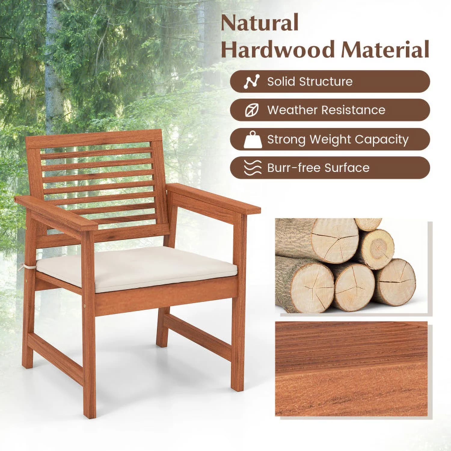 Patio Chair Sleek with Modern, Color of Frame:Natural, Cushions and Slatted Seat - Hardwood, Polyester, Pu Foam White Model 2ED954
