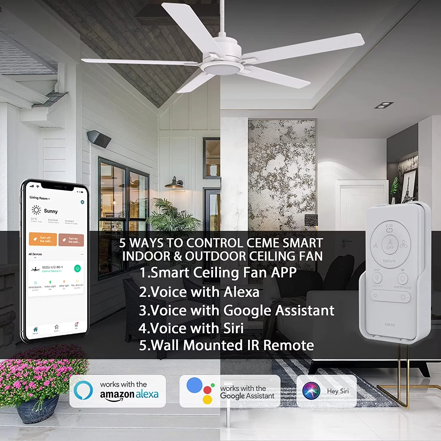 Ceiling Fan Efficient with LED, Reverse Airflow, Remote Controlled - White Model 0493CF