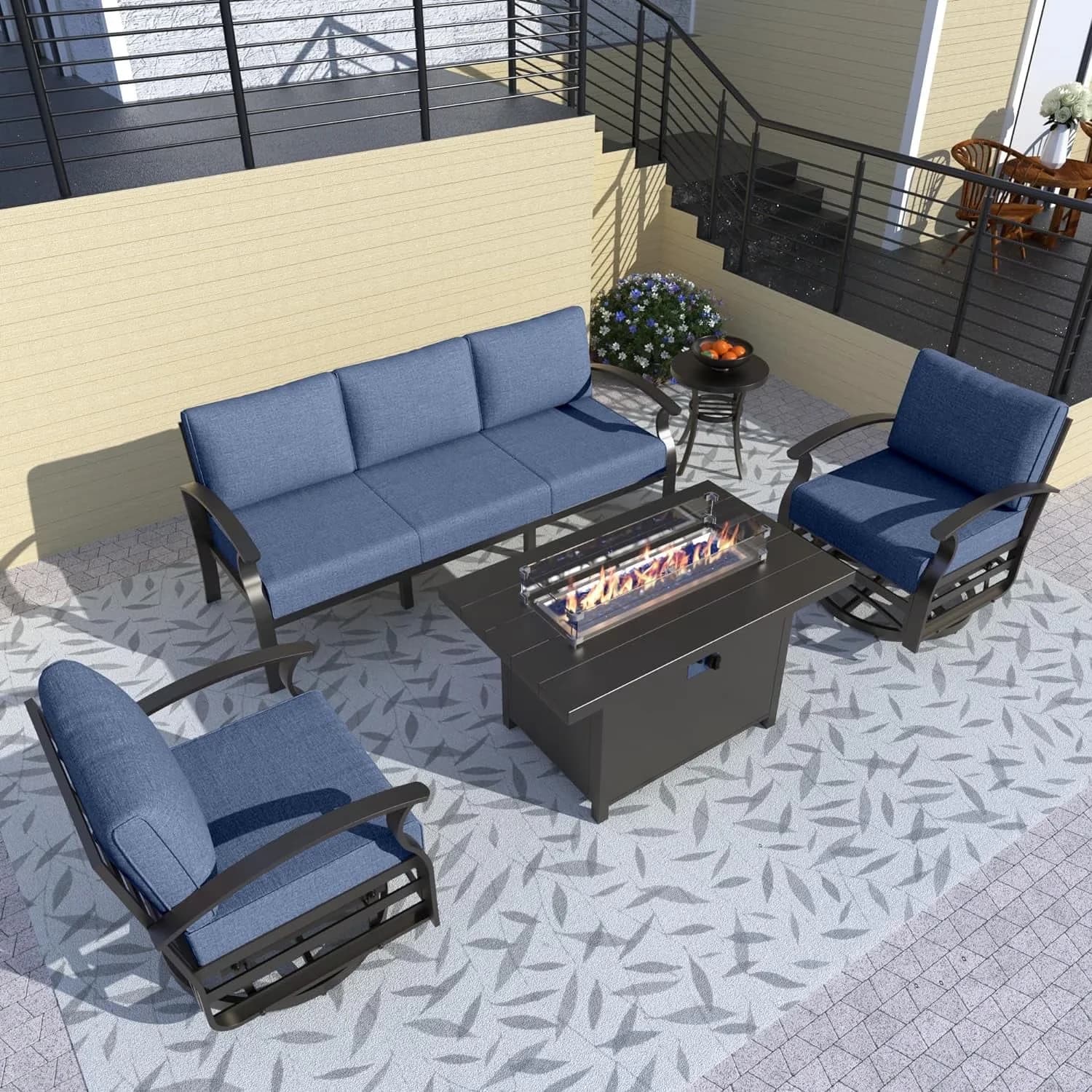 Patio Conversation Set Compact with 55000 BTU, 5 Seats Outdoor Metal Furniture - Aluminum Blue Model EBCA35