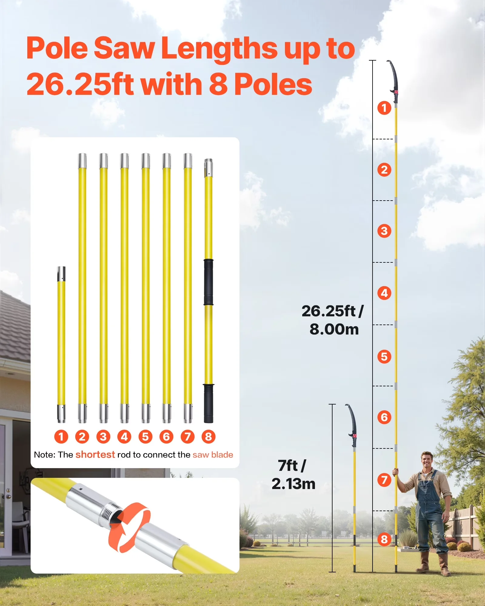 Modern Pole Saw with Durable 65Mn Steel Blade, Double-Hook Design, 3.84-26.25 ft Reach - Model 7220EA