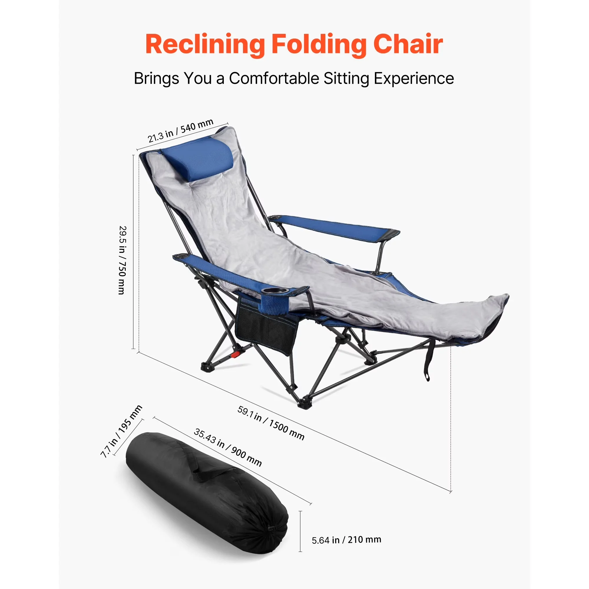 Premium Beach Chair with Adjustable, Folding, Reclining Camping - Grey Model 3B114F