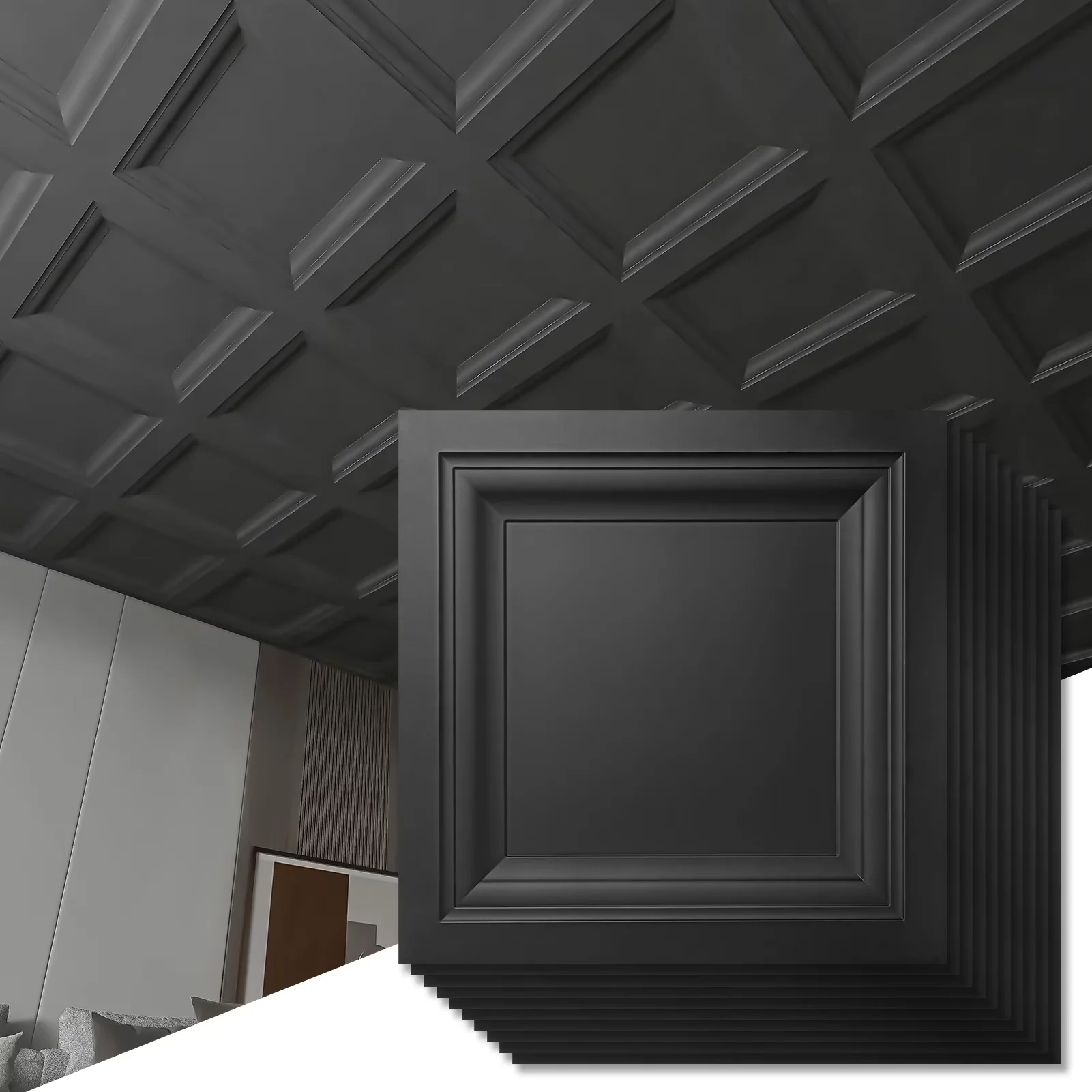Classic Building Material with Eco-Friendly, PVC Ceiling Tiles in Black, 12-Pack 2ft x 2ft Square Plastic Sheet - Black Pvc Model 44A6D5