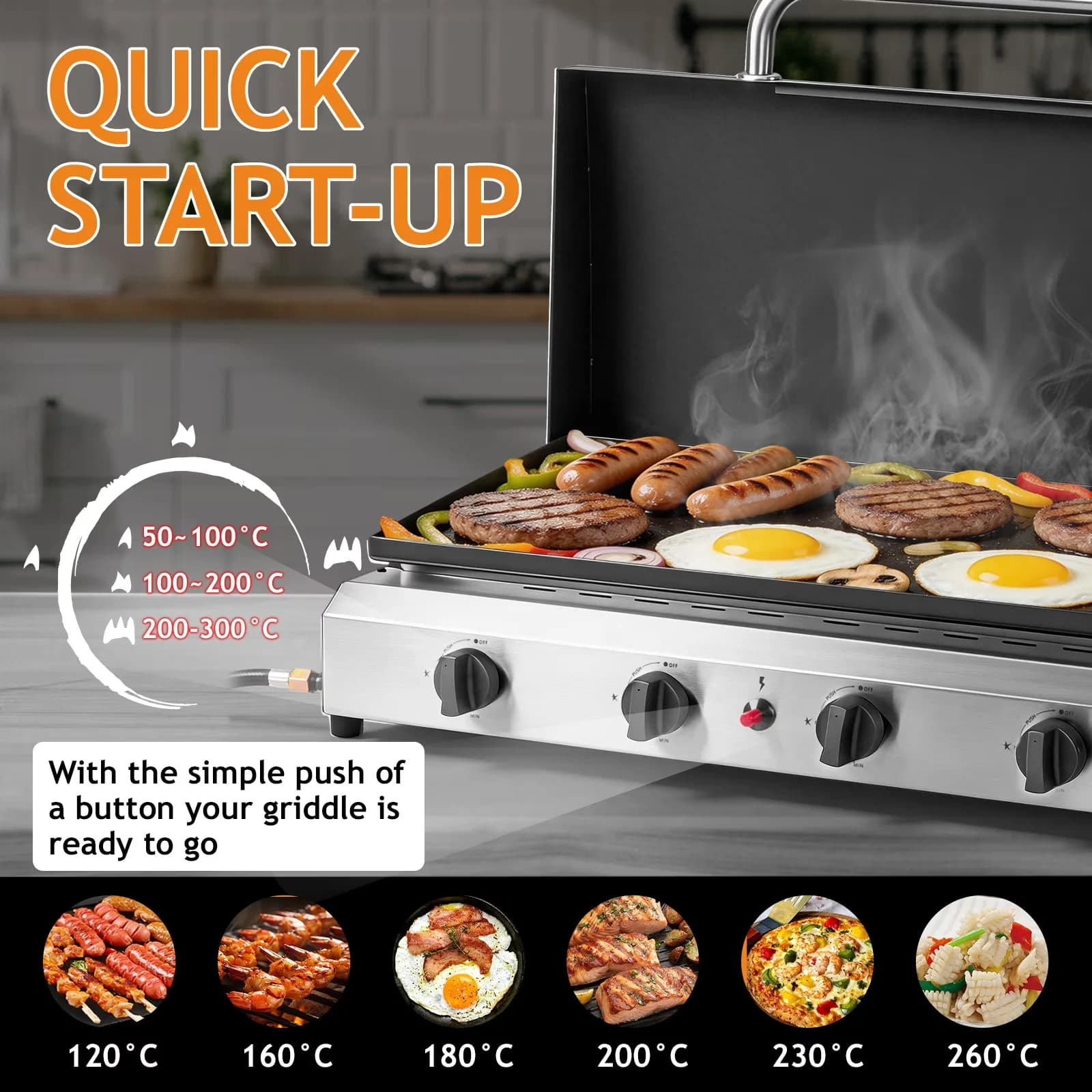 Flat Top Grill Efficient with Portable, 4 Burner - Stainless Steel Black Model B811B5