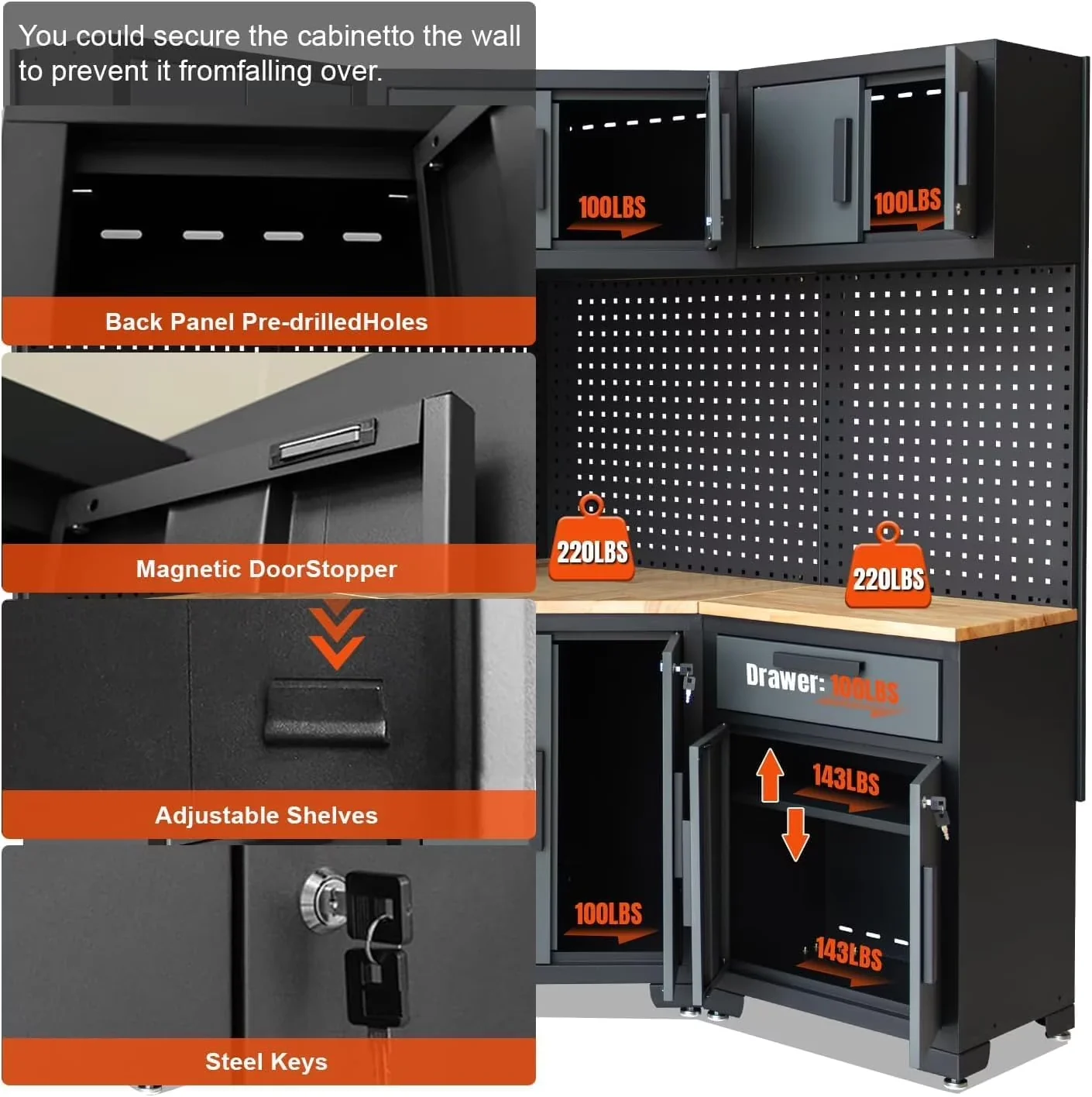 Toolstorage Compact with Workbench, Cabinet Drawers, Corner Cabinet - Metal Black Model 361CC9