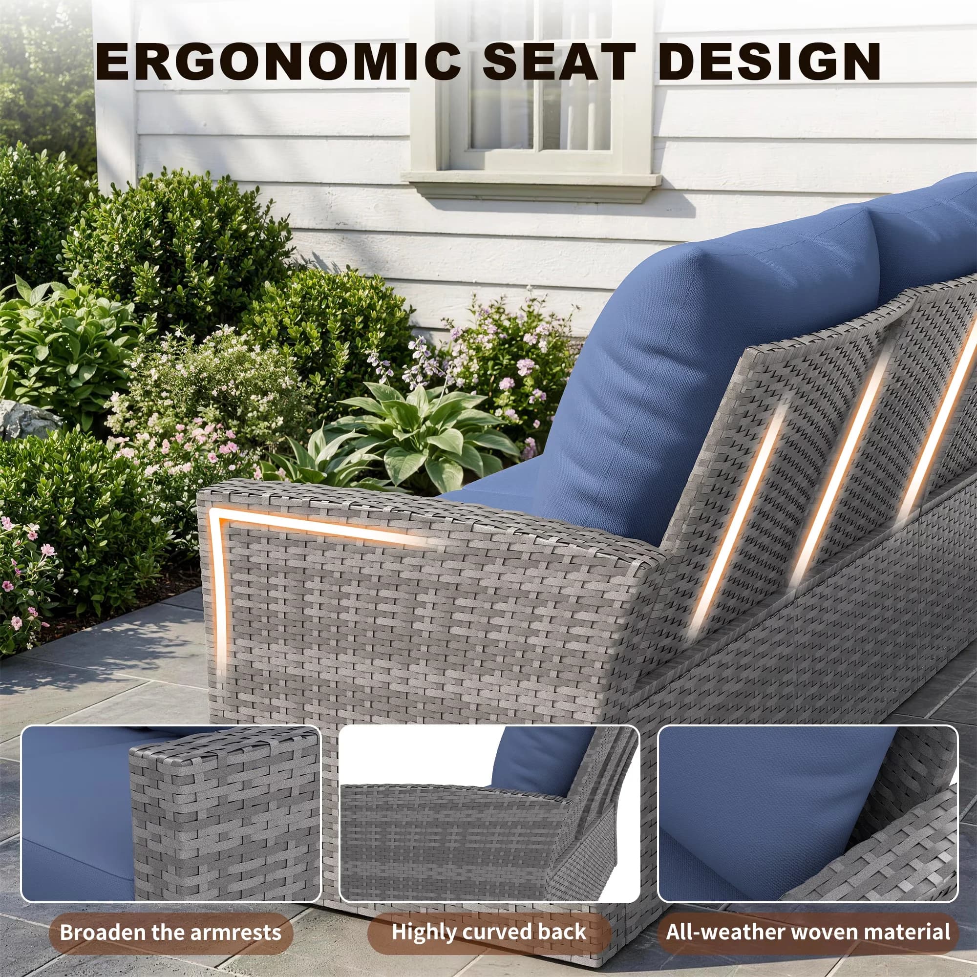 Versatile Patio Dining Set with Weatherproof, Gray PE Rattan Sofa - Blue Rattan Model C505C0