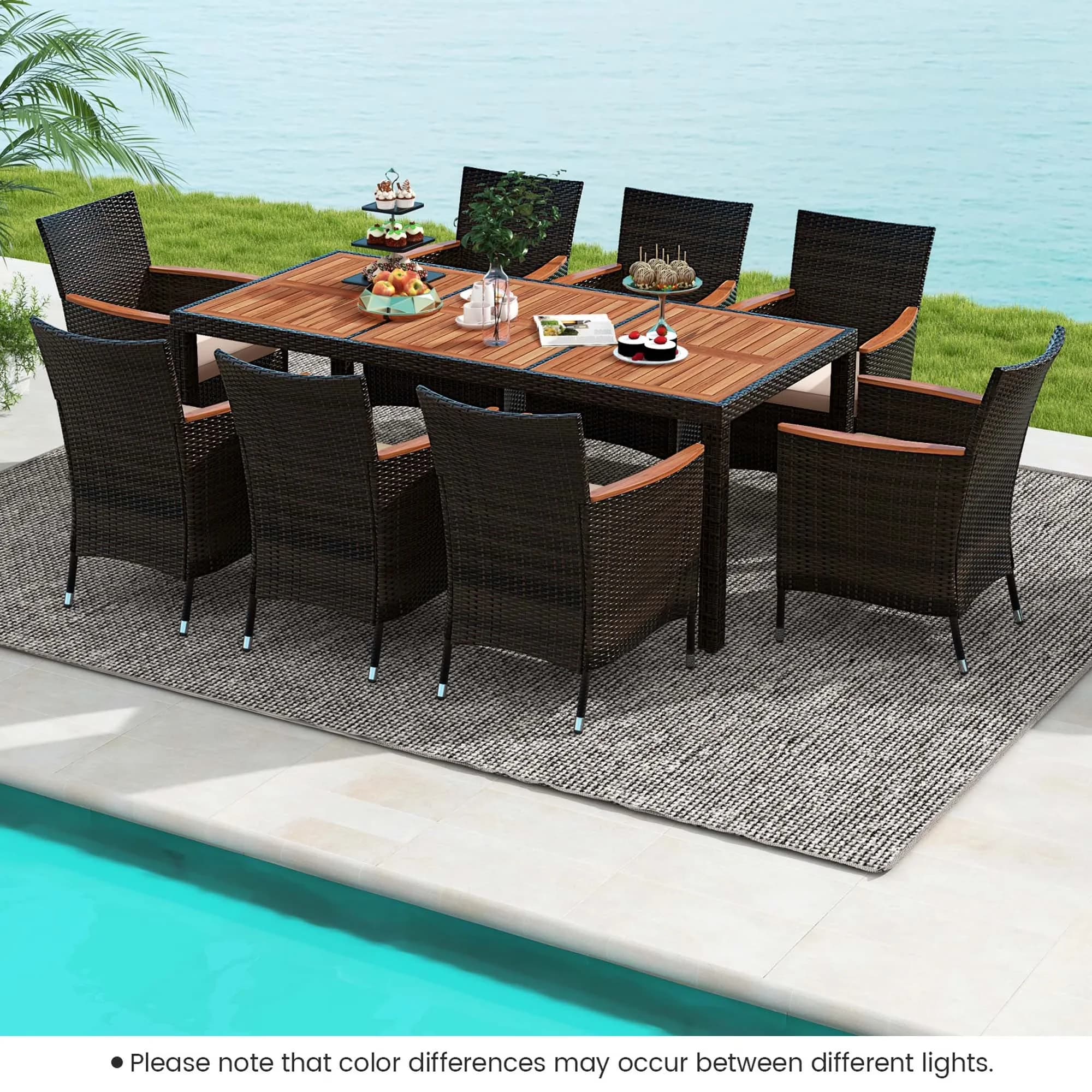 Sleek Patio Dining Set with Storage, Modern - Rattan, Steel, Acacia Wood, Polyester, Sponge Beige Model EF9AC2