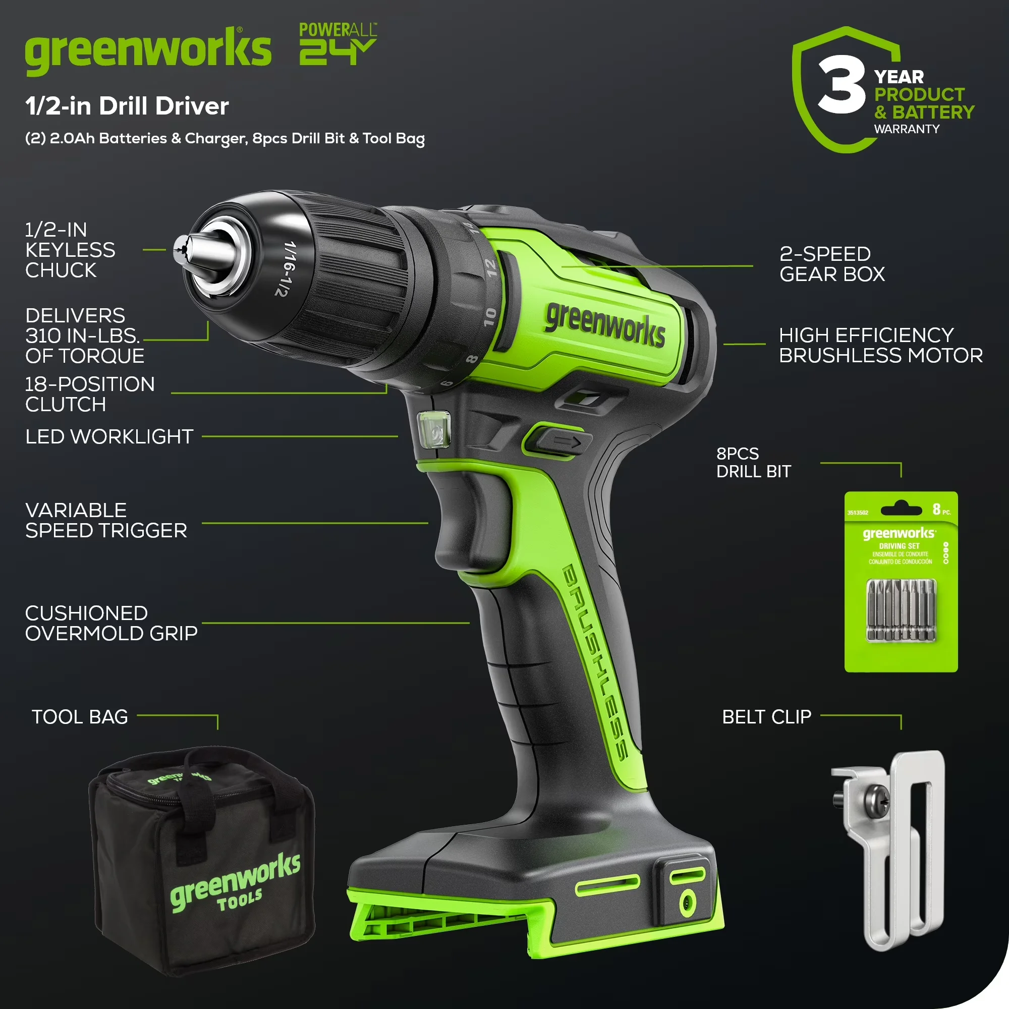 Premium Drills Driver with 24V, Compact Design, 24V Brushless Drill Set - Green Model 18A99B