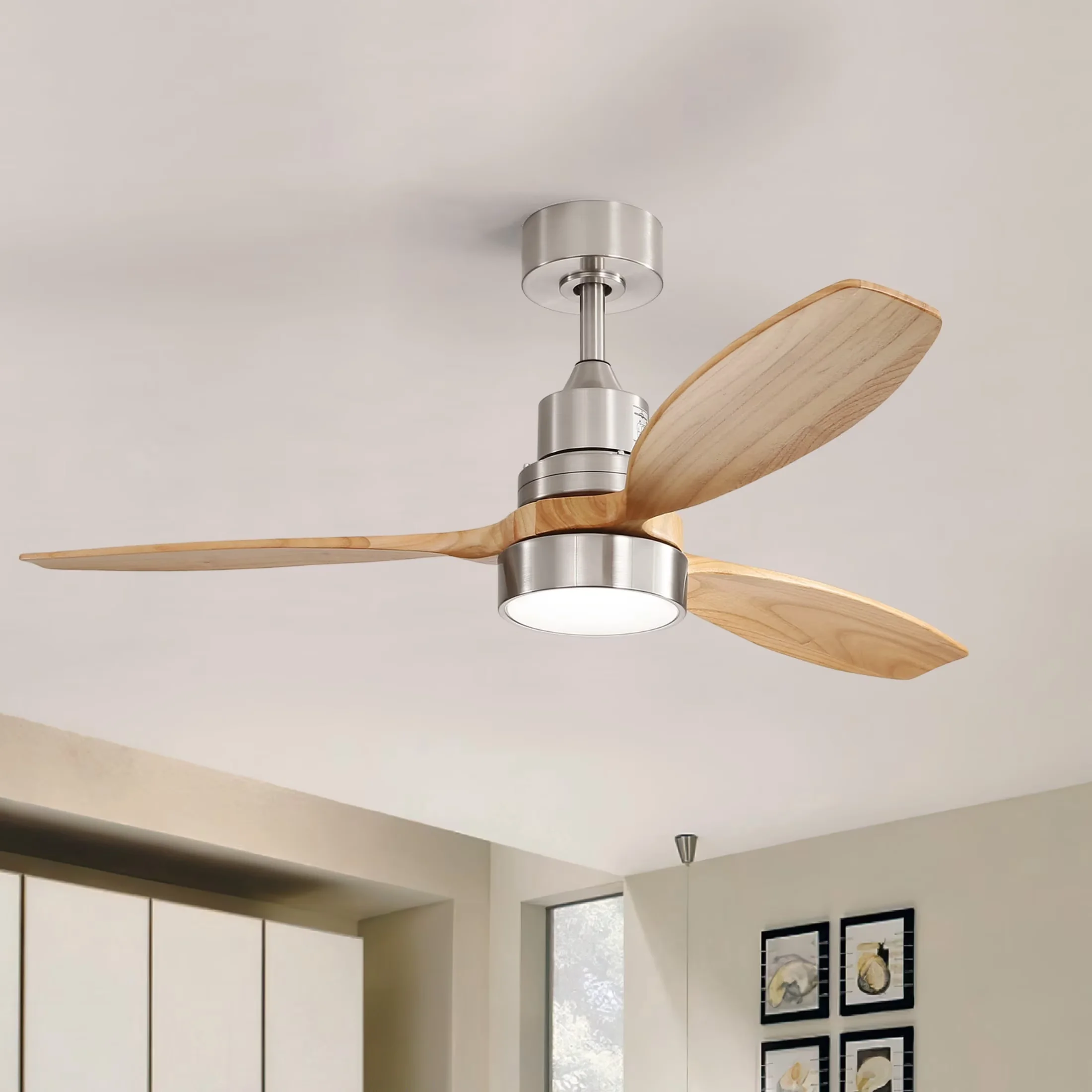 Ceiling Fan Sleek with LED, Reverse Airflow, Modern - White Wood 52 Inch Model 2DB073