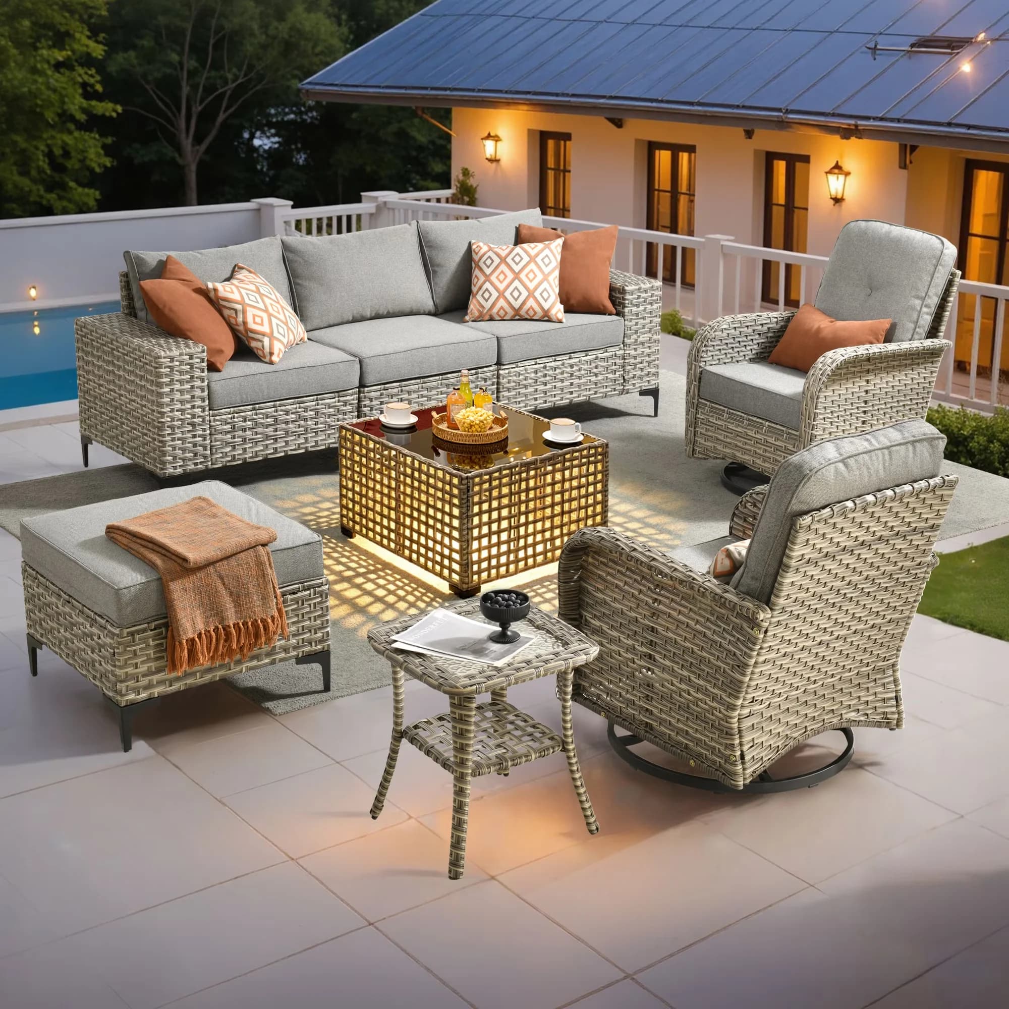 Patio Conversation Set Modern with Weatherproof, Swivel Chairs - Gray Wicker Model 7BF119