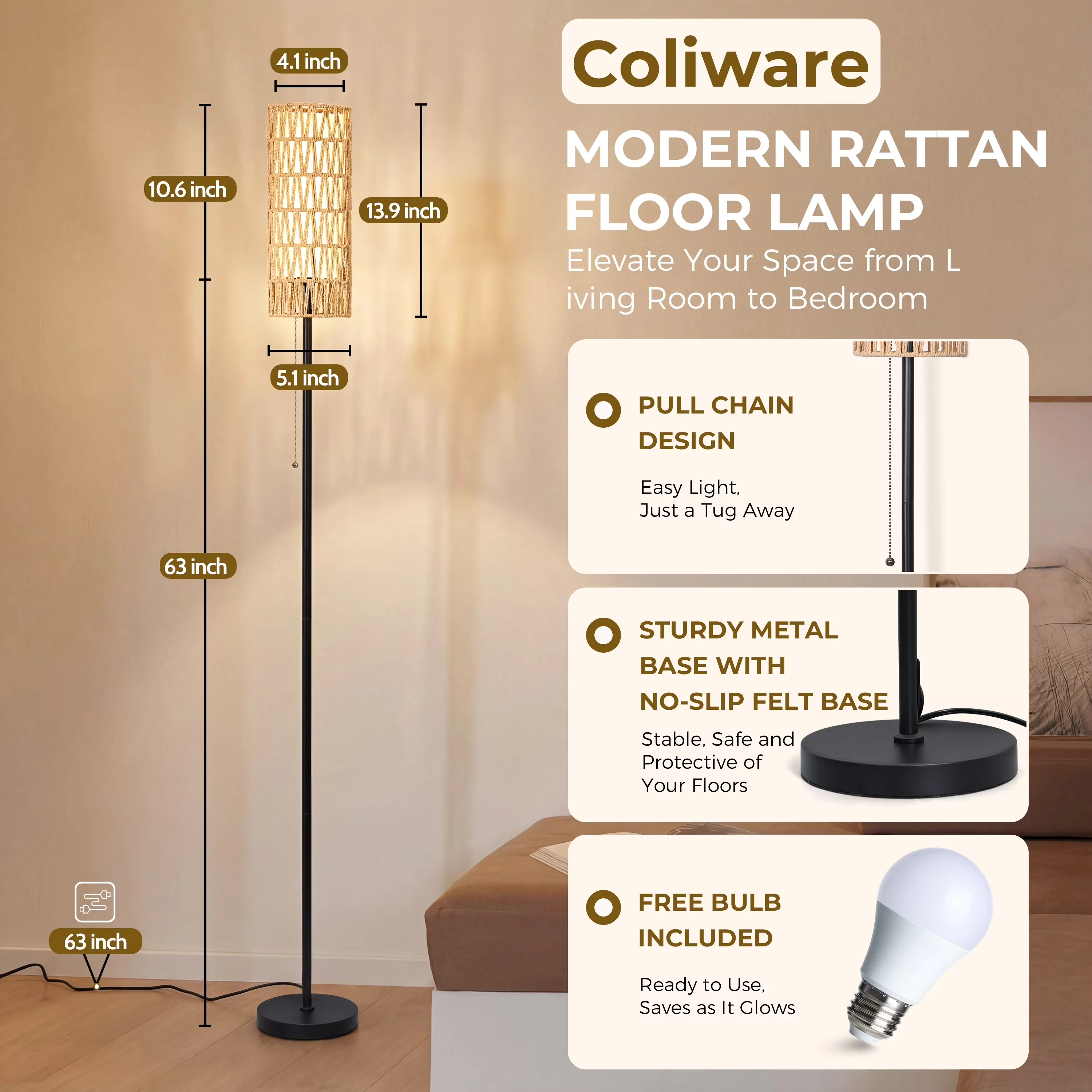 Innovative Floor Lamp with LED, Art Deco, 63” Rattan - Black, Beige Metal, Rattan Model 27C9BF