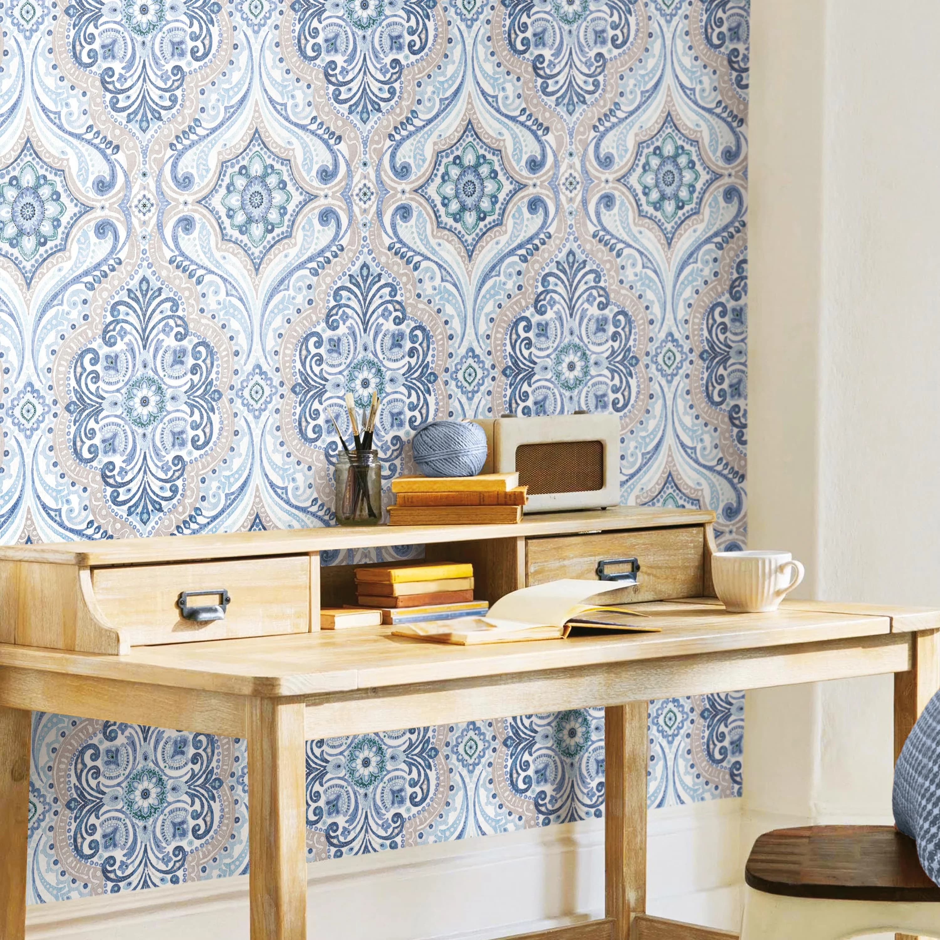 Innovative Wallpaper with Removable, Leaves no sticky residue on the surface, Bohemian Damask Peel and Stick - Beige Vinyl Model 3BC068