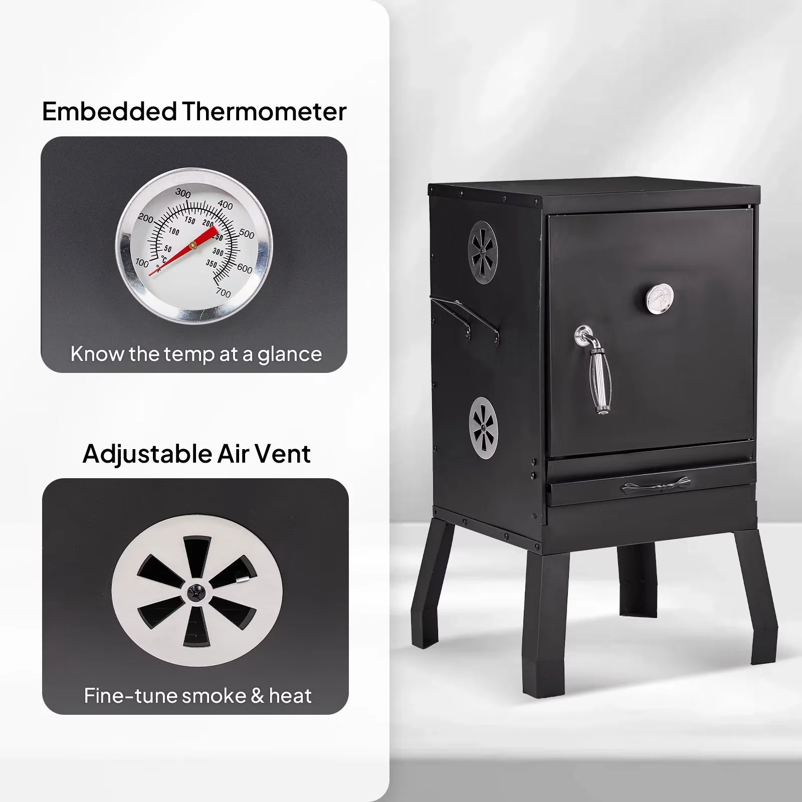 Charcoal Grill Stylish with Portable, Thermometer, BBQ Outdoor Barbecue Pit Smoker - Black Steel Model 39443D