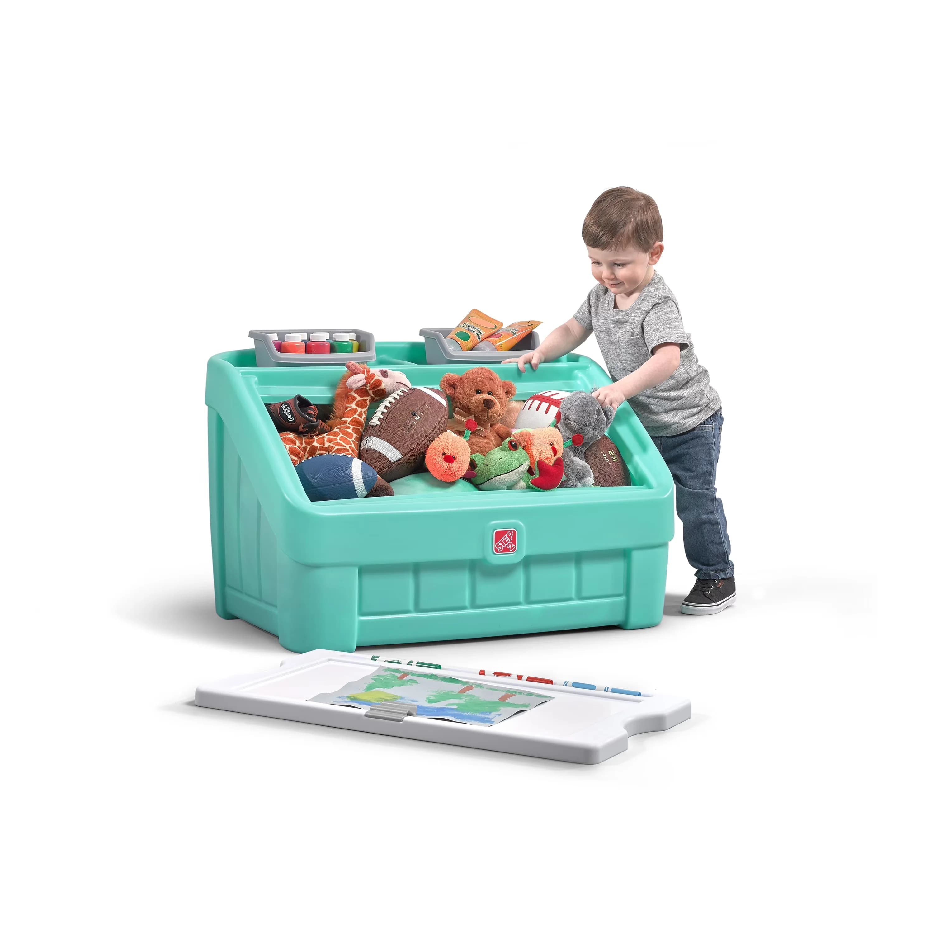 Premium Garage Storage Supply with Water-Resistant, 2-in-1 Mint Toy Box - Green Plastic Model DFC426