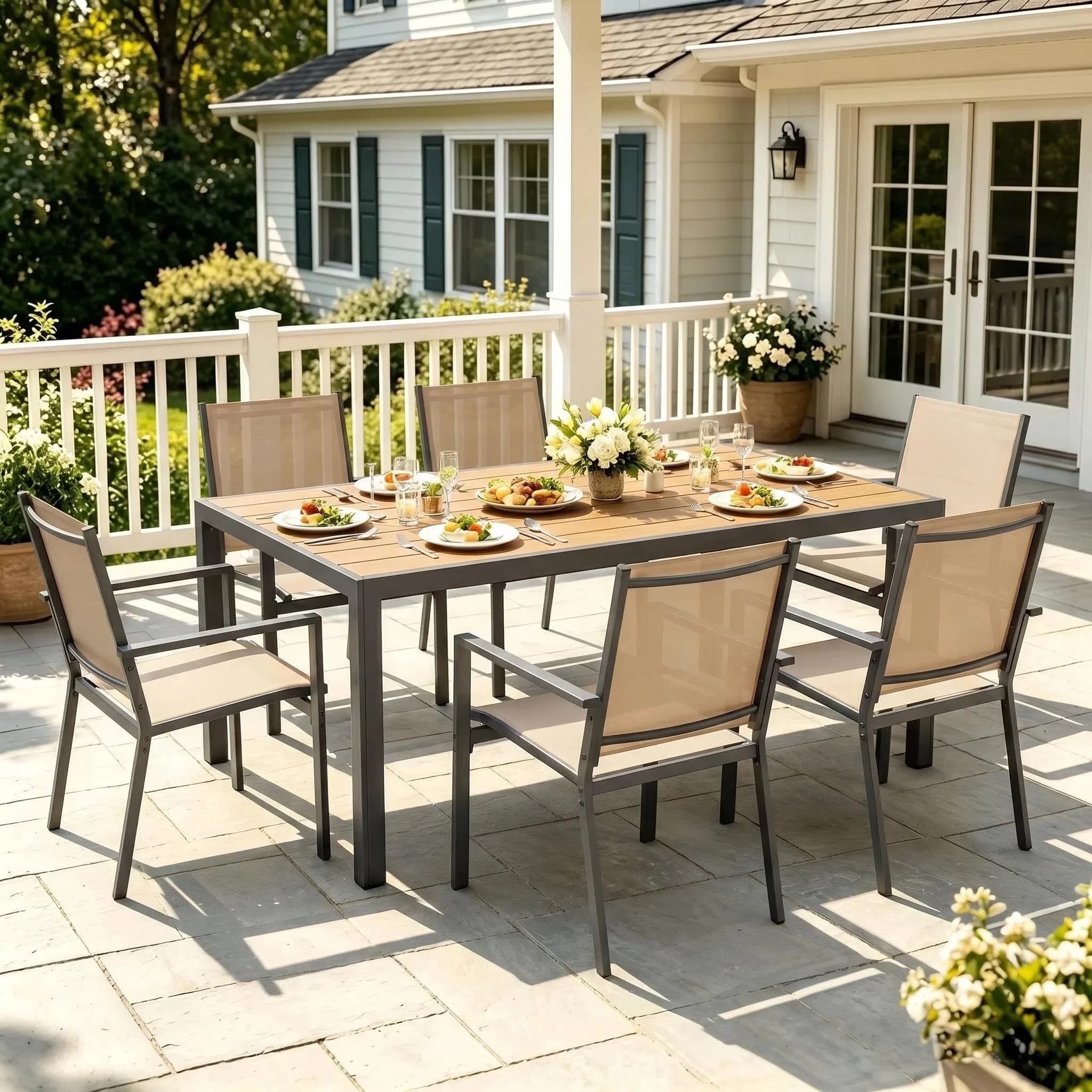 Durable Patio Dining Set with Modern, Removable Umbrella Hole - Textilene, Steel Model 52D0F4