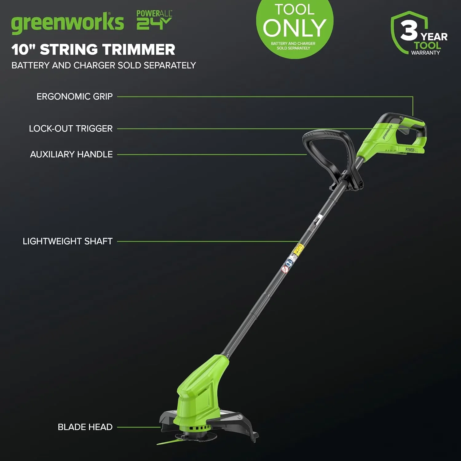 Innovative String Trimmer with Battery, 24V, 24V 10" BR TO - Green - Satisfaction Guaranteed Model 972CE6