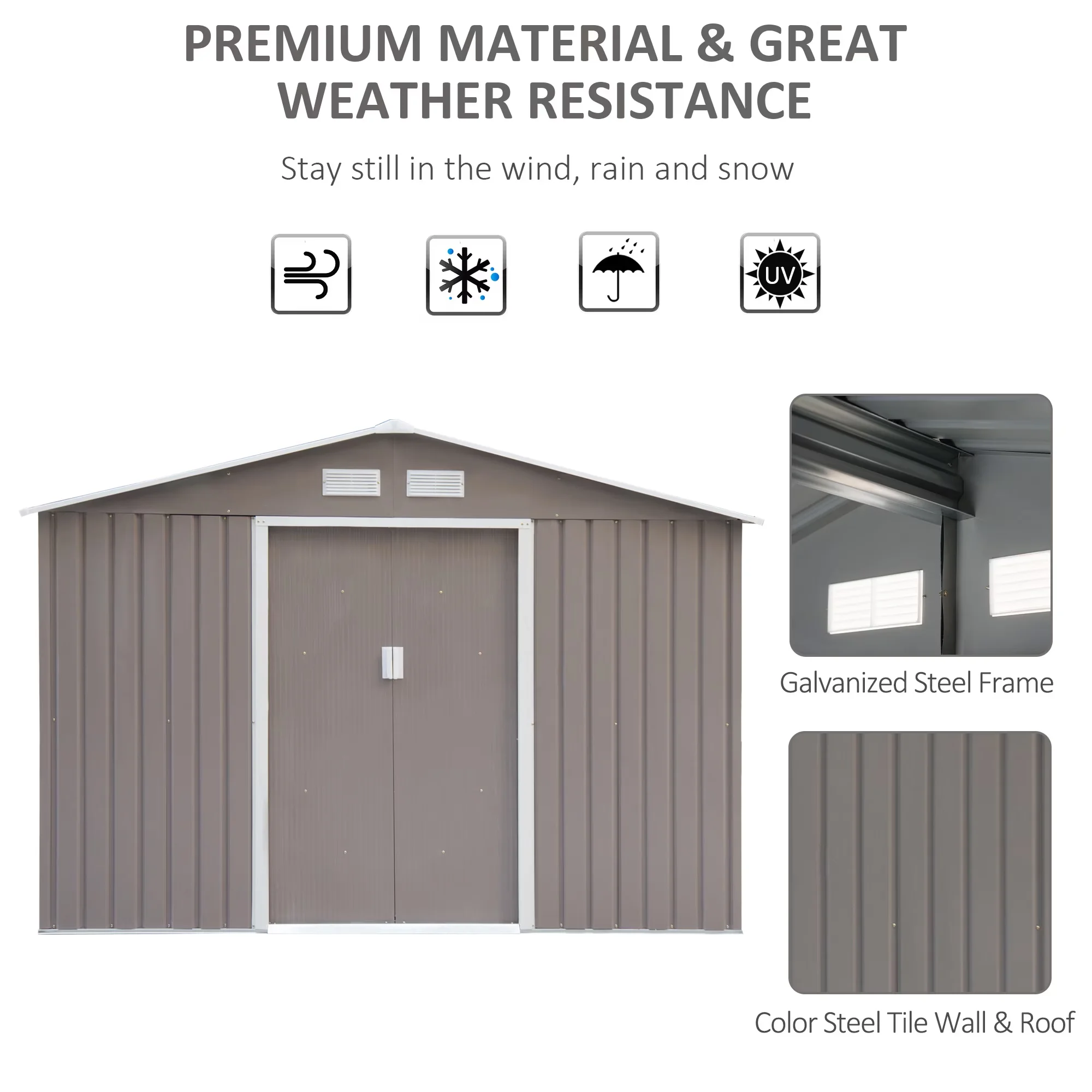 Modern Shed with Rust Resistant, Prefabricated assembly kit - Galvanized Steel, Polypropylene Gray Model 592C3D