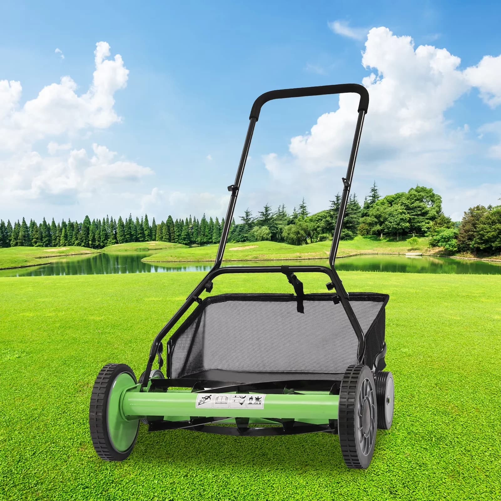 Versatile Push Mower with Adjustable 5-Blade Reel, 20" Manual Lawn, Quiet Reel - Green, Black Model 82BF4E