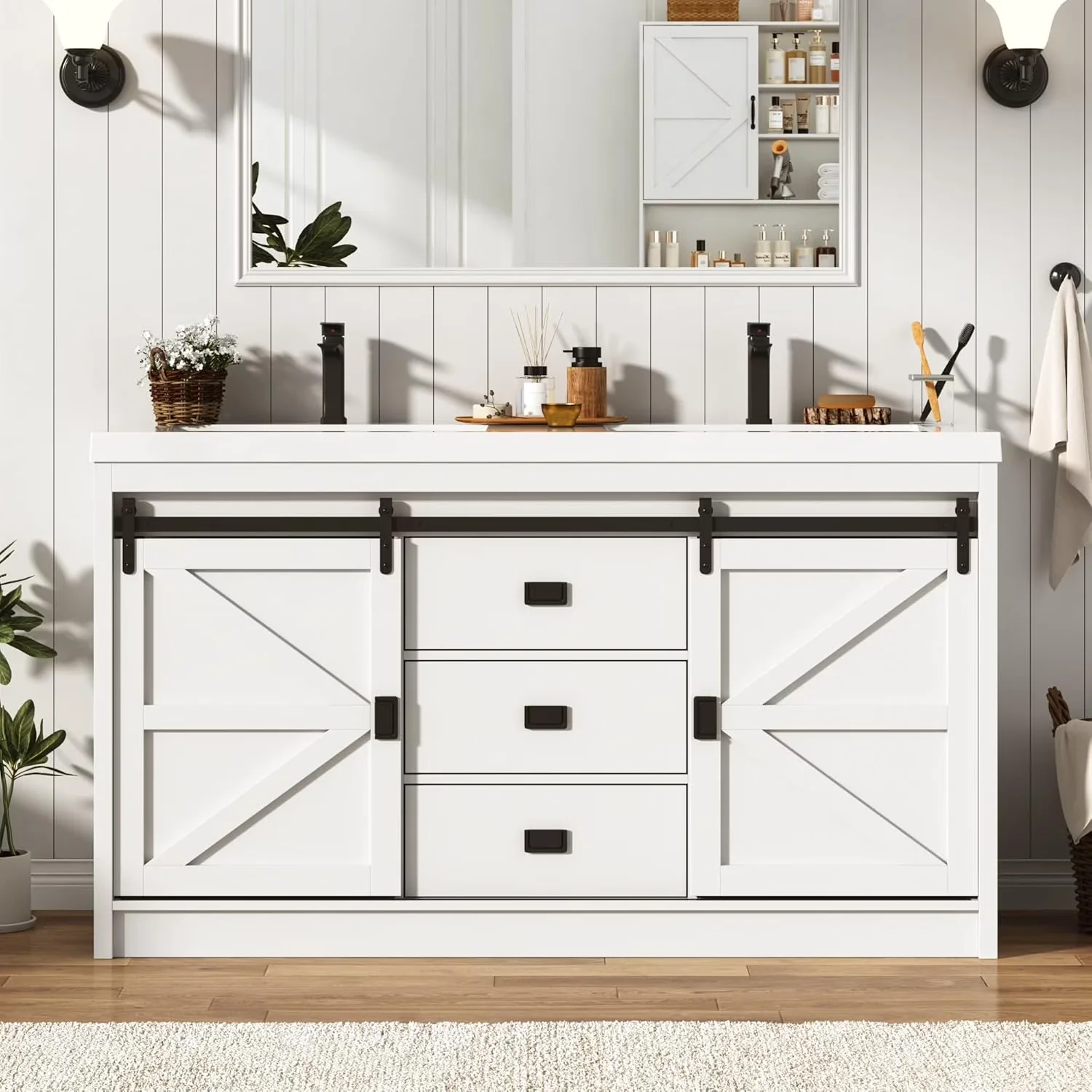 Efficient Bathroom Renovation with Sliding Barn Door & 3 Drawers, Freestanding Bath Storage Vanity Sink - Model F598EC