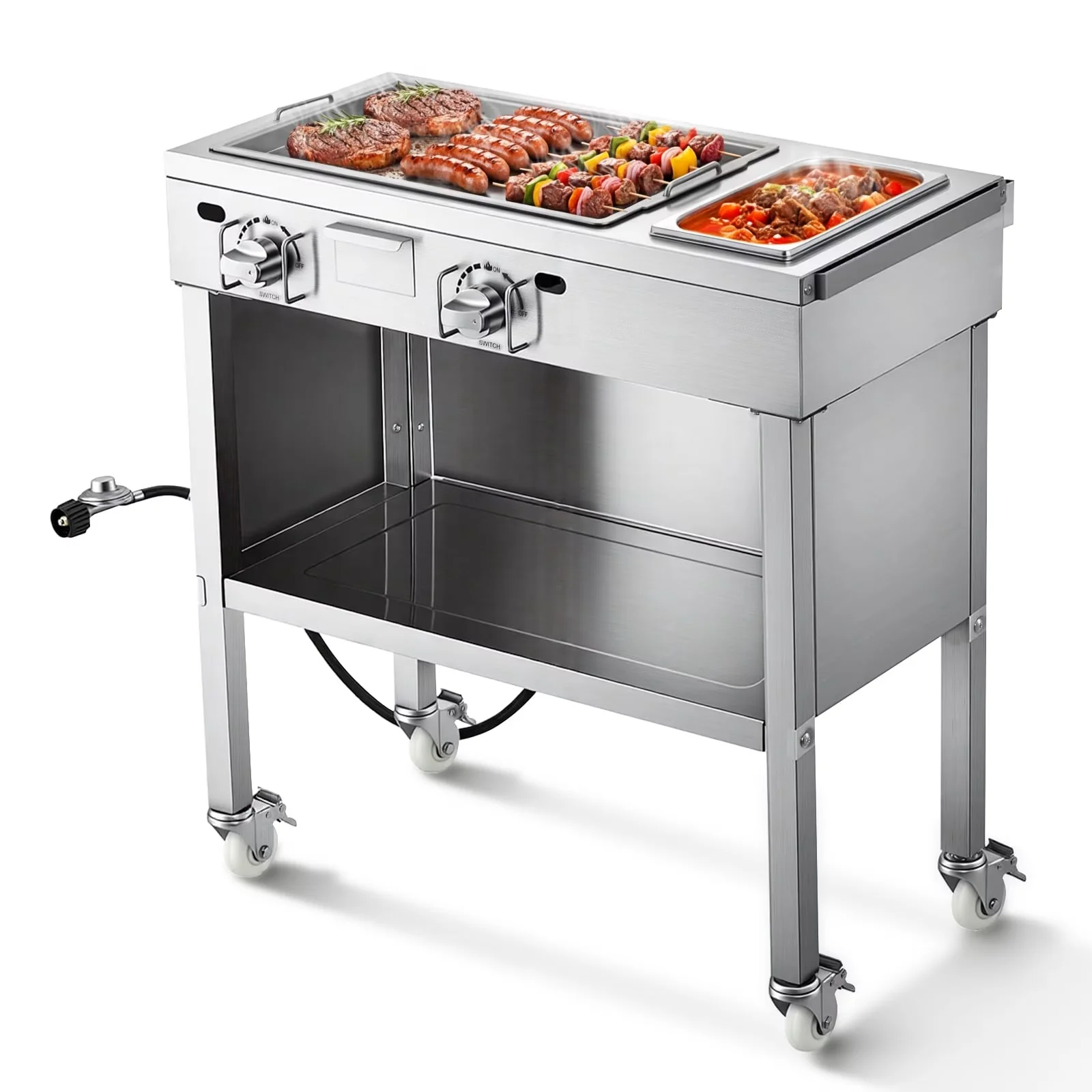 Innovative Flat Top Grill with 11600 BTU, Rust Resistant, 4 Lockable Wheels - Silver Stainless Steel Model EA3F9D