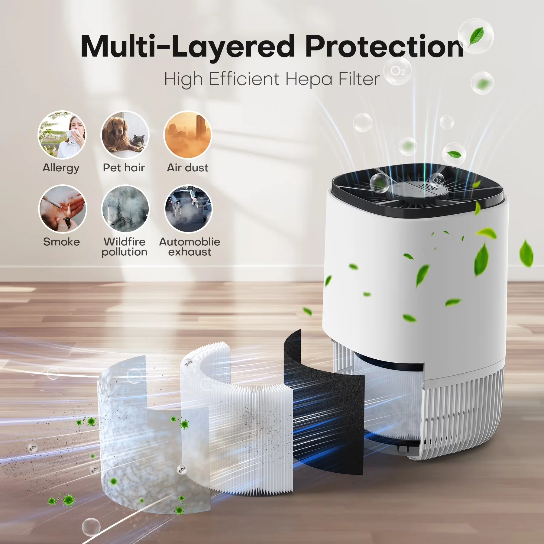 Essential Air Purifier with Filter Change Indicator for Home, Bedroom - Sleek Profile Model 692D76
