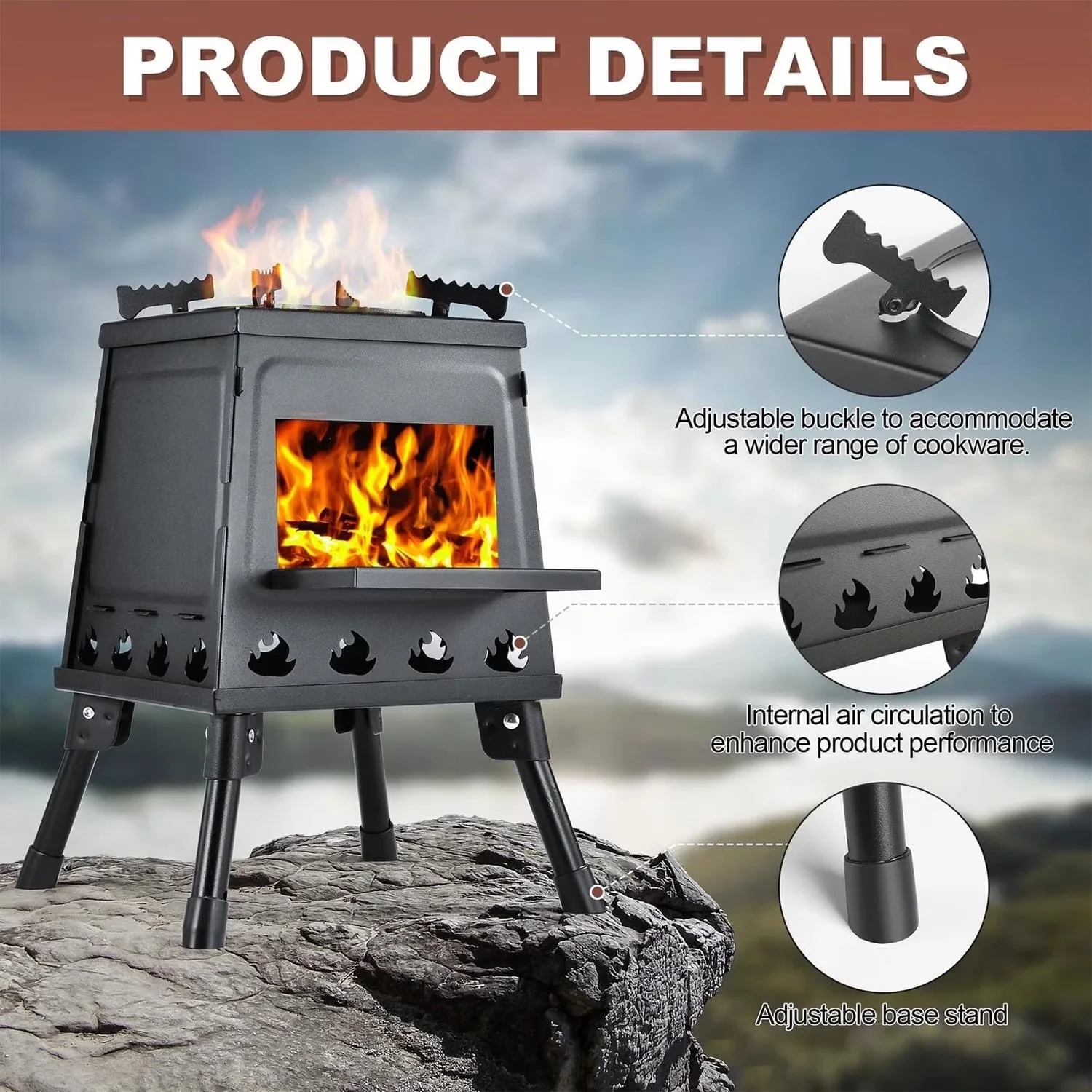 Classic Flat Top Grill with Portable, Portable Wood Burning Camping Stove Set, Foldable Outdoor Cooking Stove - Black Alloy Steel Model E87DB0