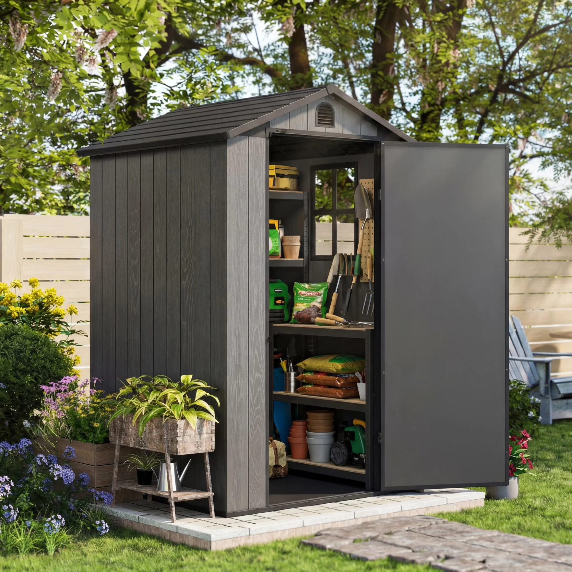 Modern Shed with Uv Resistant, Lockable Outdoor Garden Tool - Gray Resin;Plastics Model 157769