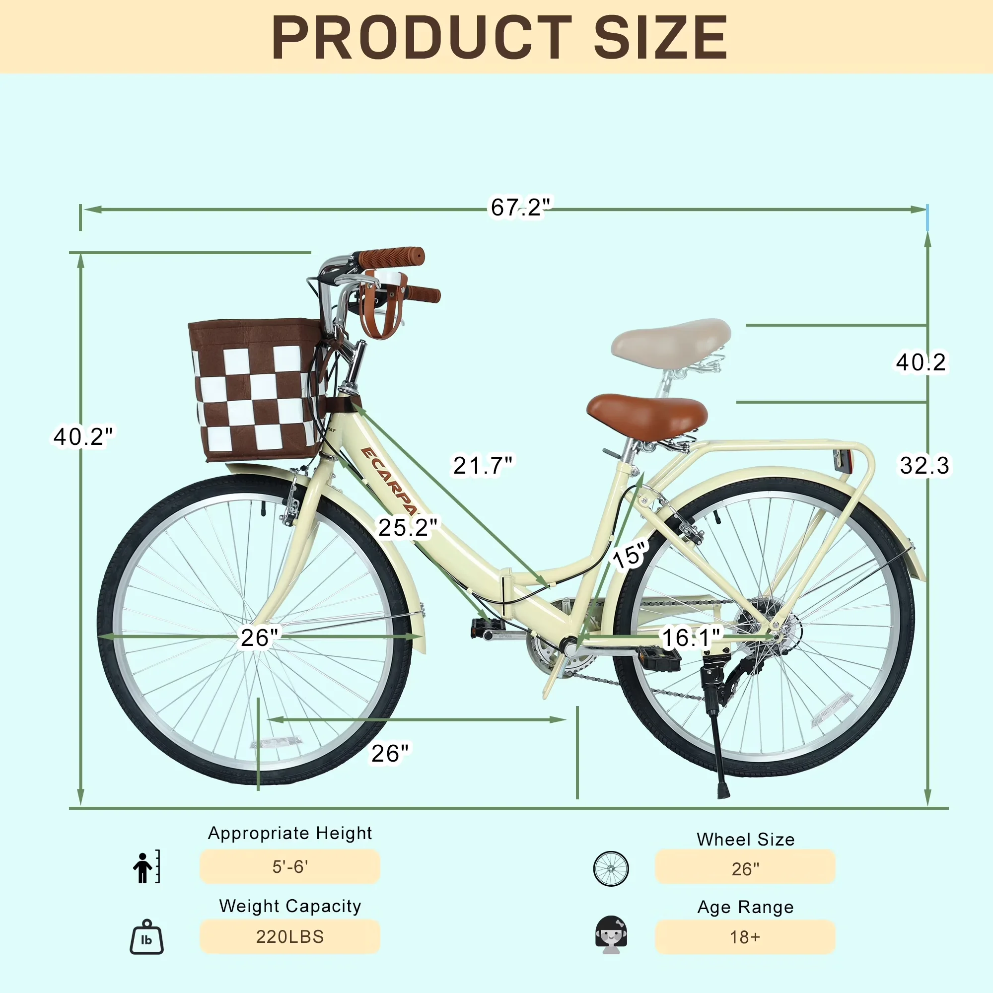 Stylish Cruiser Bike with Adjustable Speed, Adjustable Height, Beige - Beige Model BFBD43