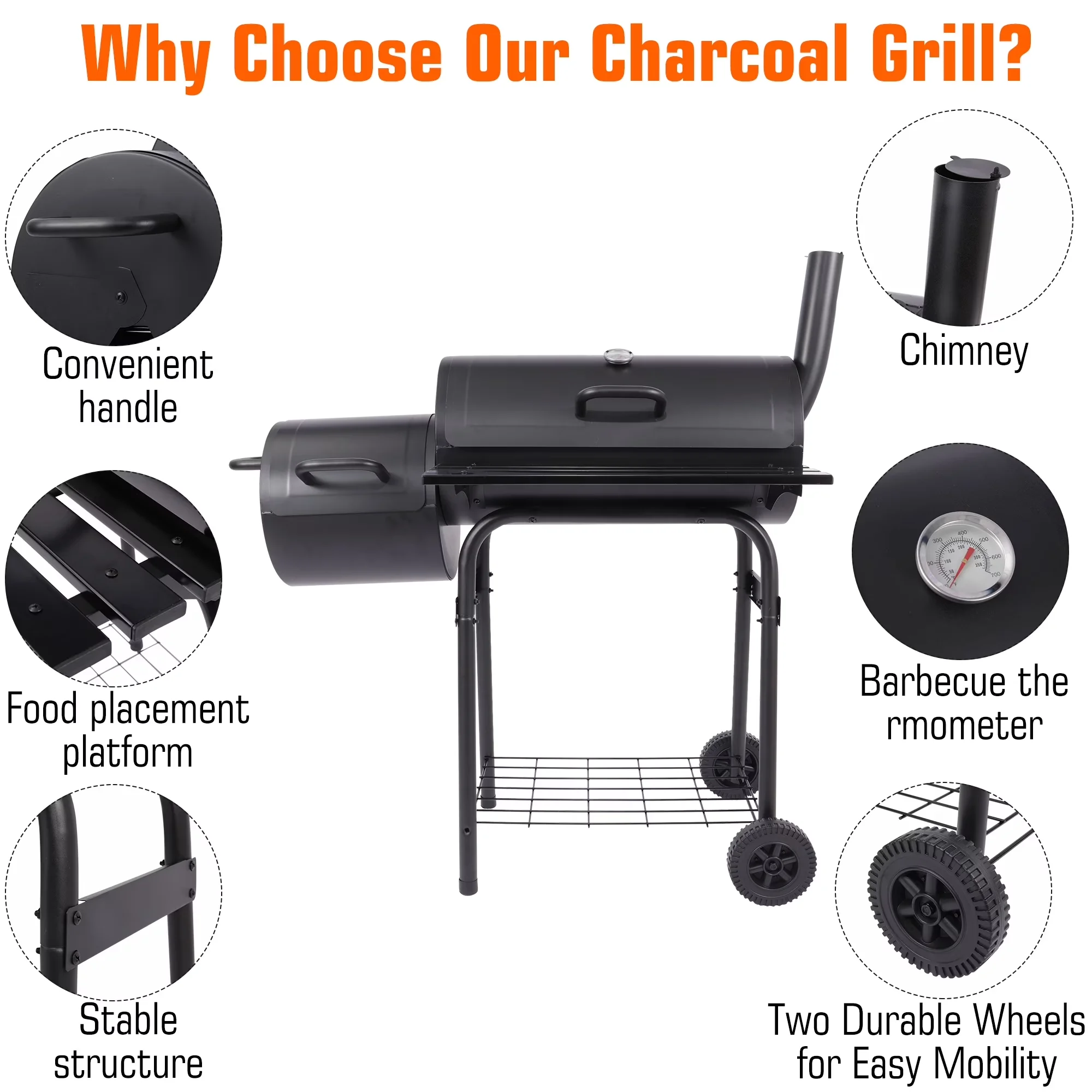 Smoker Premium with Portable, Easy to move, Offset smoker design - Alloy Steel Black Model C76294