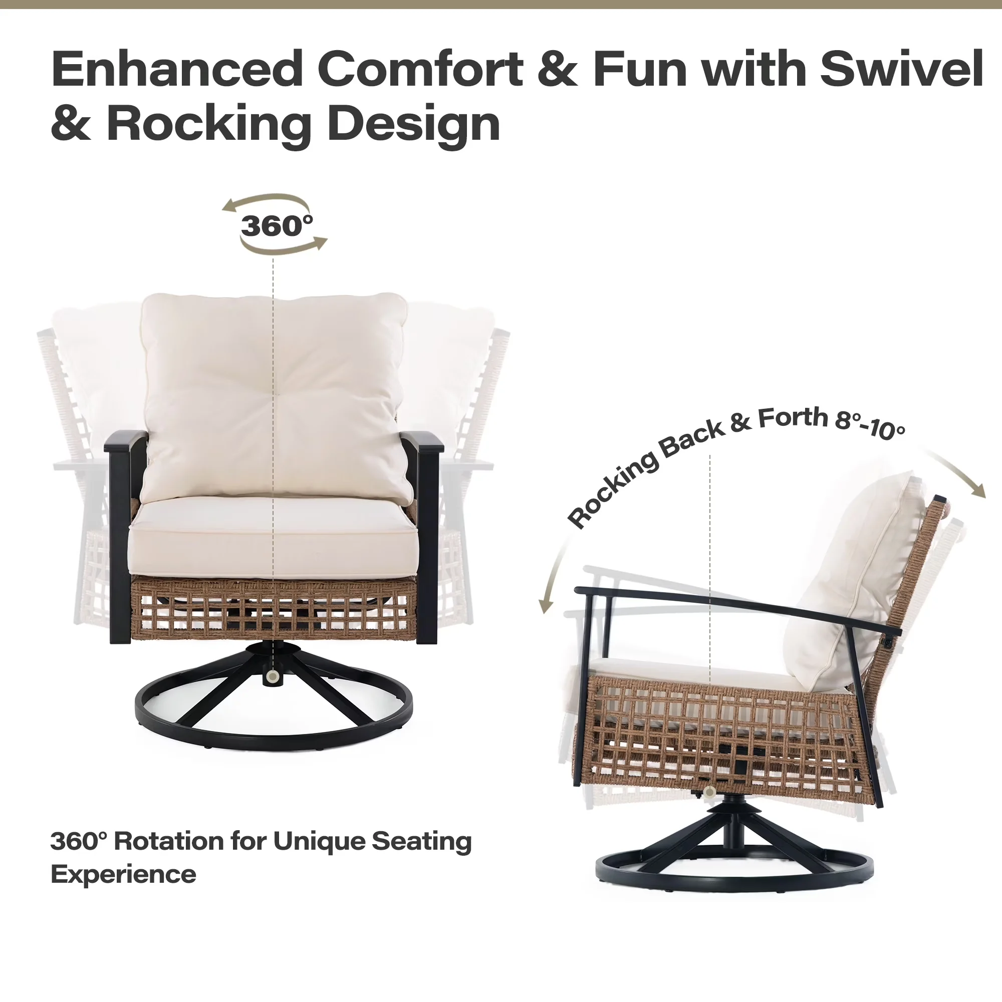 Patio Conversation Set Sleek with Storage, Beige Cushions, 3 Pieces Outdoor Furniture - Beige Steel, Pe Wicker Model F626FE