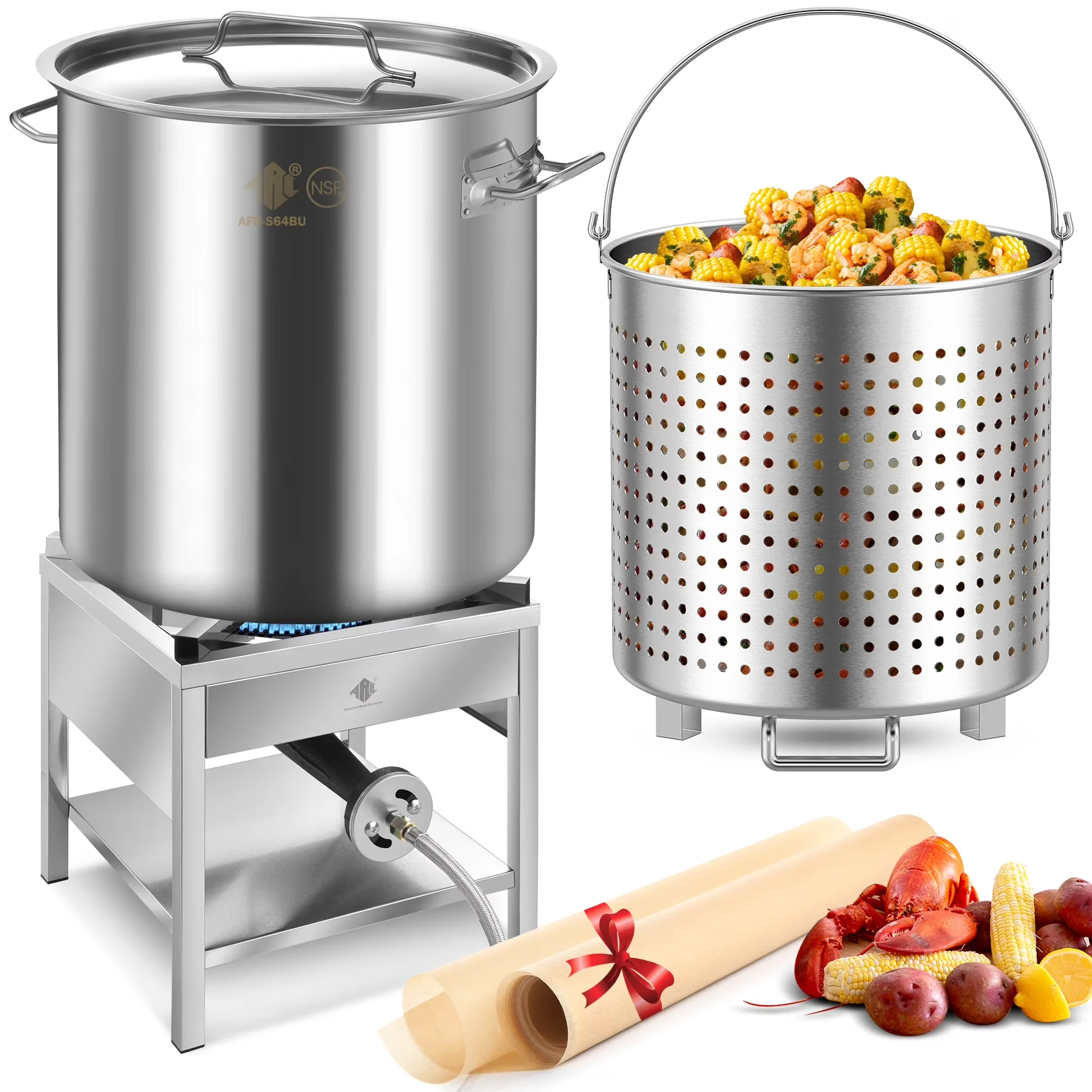 Essential Outdoor Fryer with 200000 BTU, 64QT Stainless Steel Seafood Boil Pot, w/Basket - Stainless Steel Silver for Outdoor, Large Model AC4961