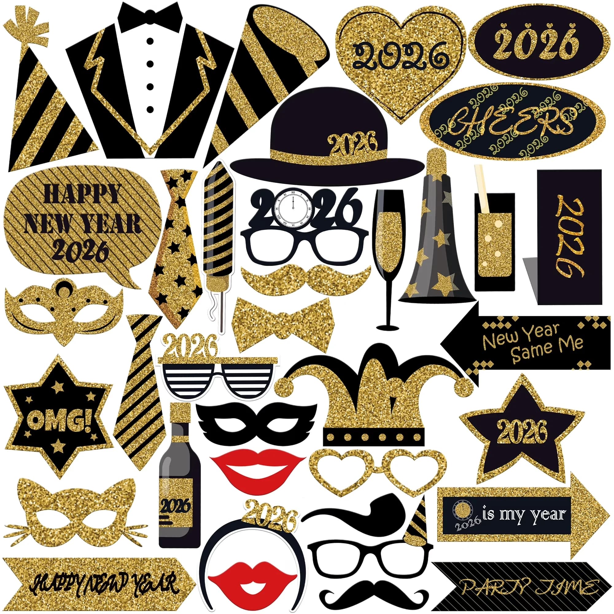 Premium Novelty Light with Glitter Photo Booth Props, Happy New Year Decorations 2026, Pack of 36 | Eve Photo Booth Props 2026 - Gold Model 9E6E20