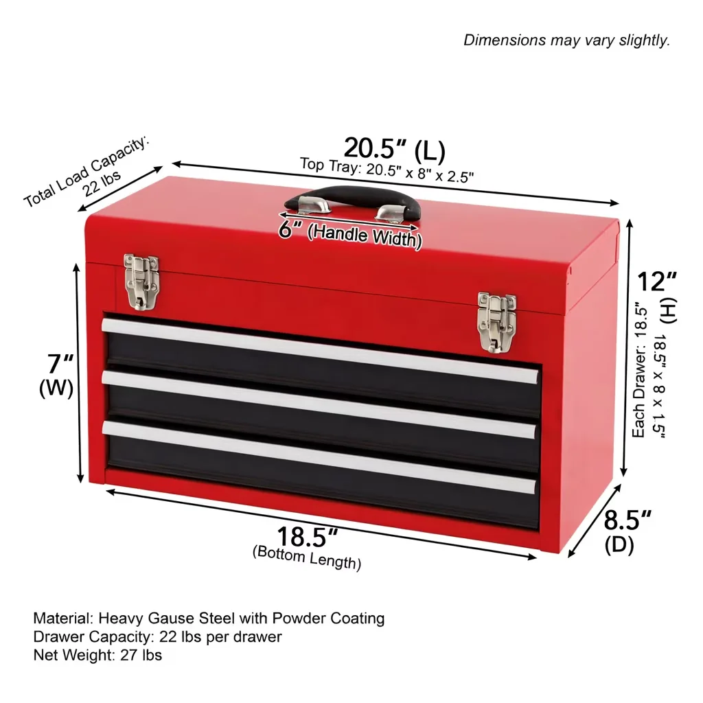 Essential Toolstorage with Top Accessory Tray, Red & Black, Heavy Steel Powder Coated Storage Box - Steel Black & Red Model 4BA3DA