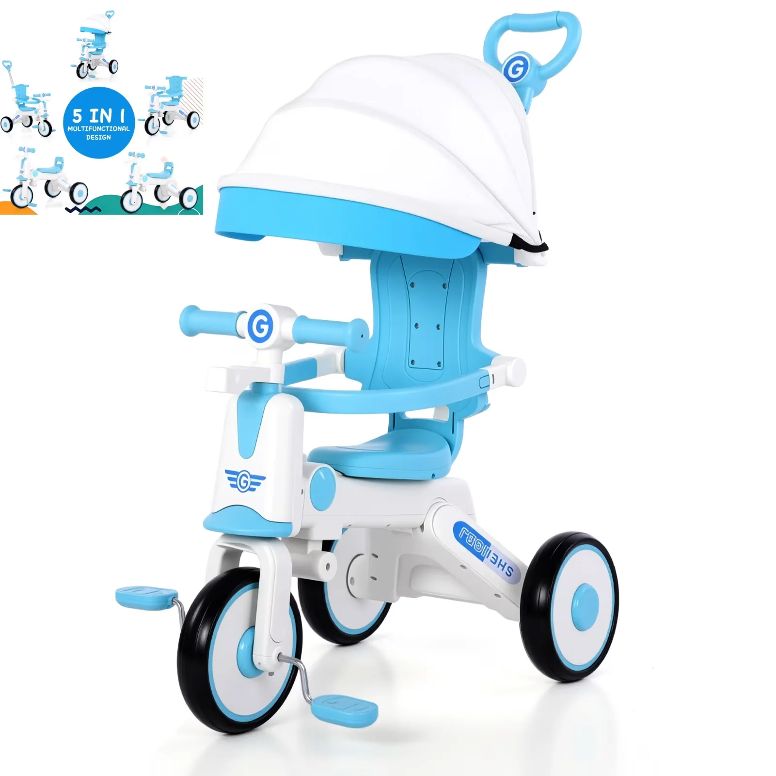 Compact Kids Bike with Adjustable Handlebar Height, 5 in 1 Tricycle - Blue Model 58CAFD