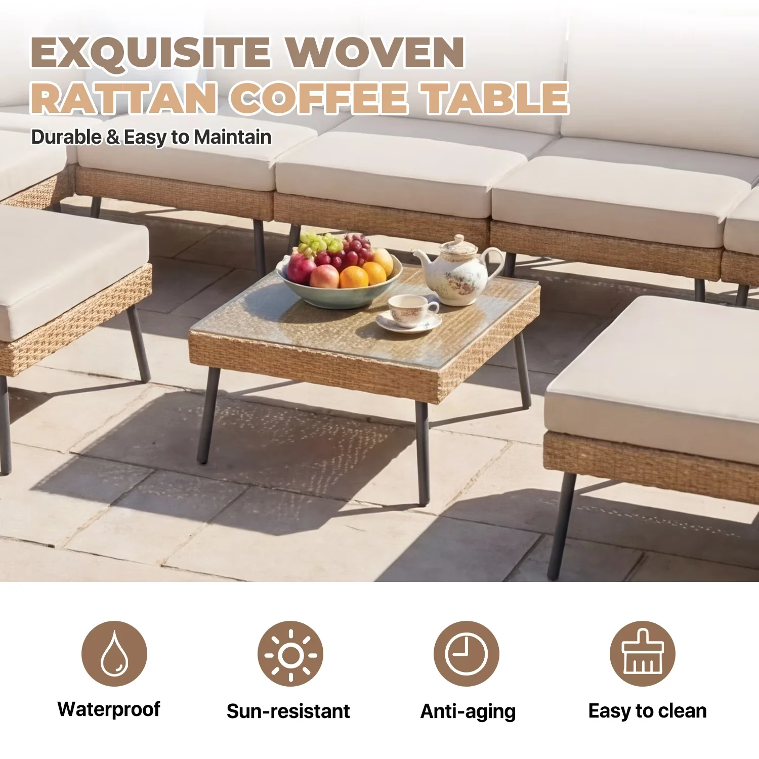 Compact Patio Conversation Set with Weatherproof, All-Weather, Cushions & Tempered Glass Coffee Table - Model DA4EF7