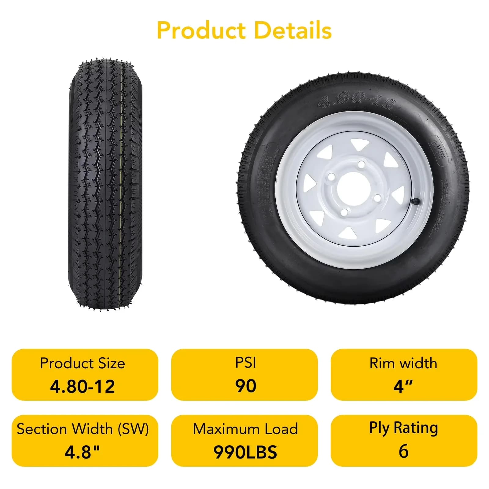 Sleek Trailer Tire with Rim dimensions: 12" diameter x 4" wide, Load Range C 6PR - Model E79C02