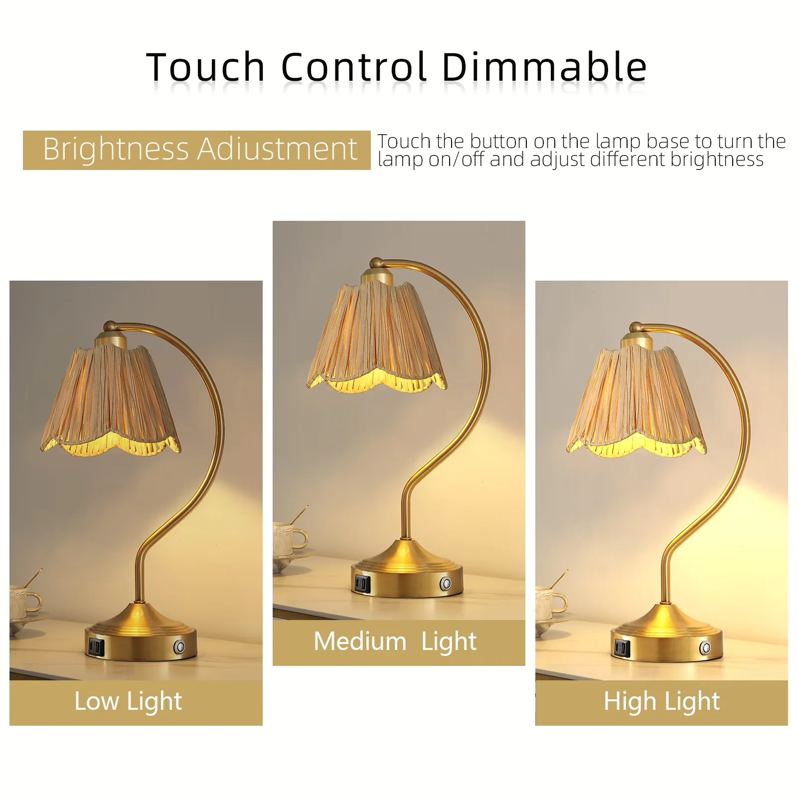 Table Lamp Compact with LED, Bedside Lamps, Touch Sensor - Gold Paper for Living Room Model 92E779