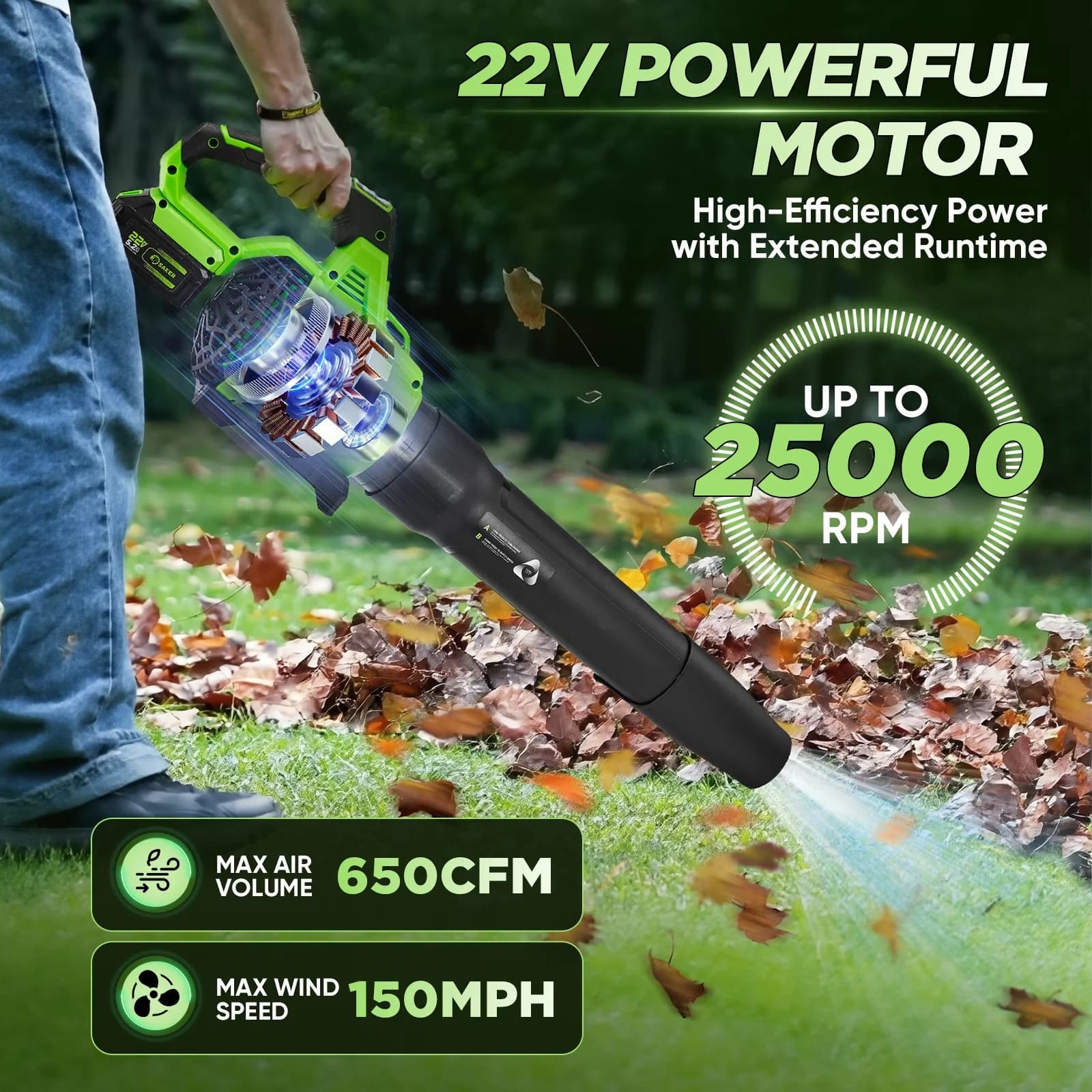 Essential Leaf Blower with Battery, Cordless, 2x 5.2Ah Batteries - 650CFM Model 15ACD0