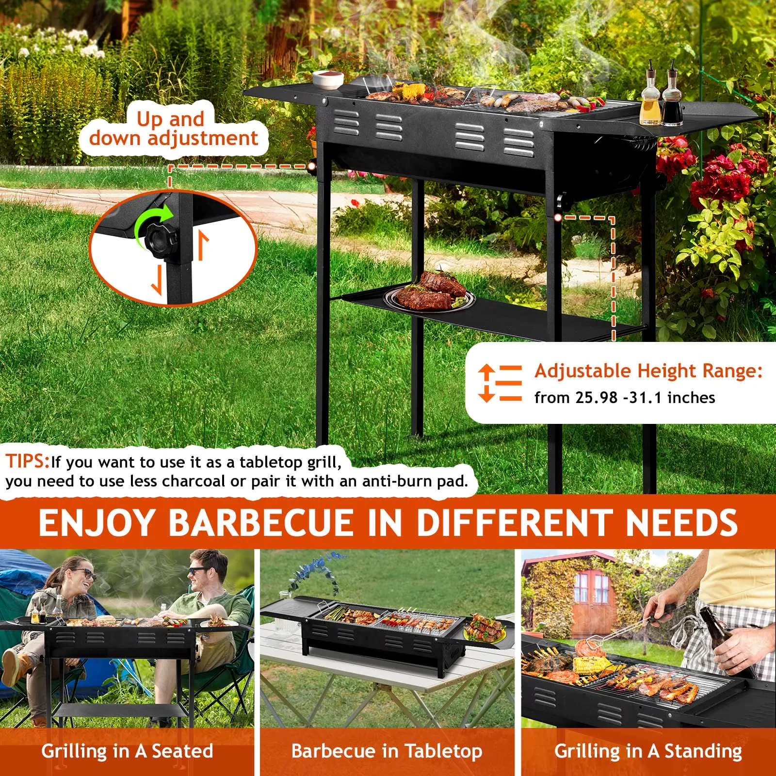 Charcoal Grill Compact with Portable, Bottom Shelf Dimensions: 25.6 x 8.7 inch, Charcoal Cover Depth: 6.3 inch - Steel Black Model 287D34