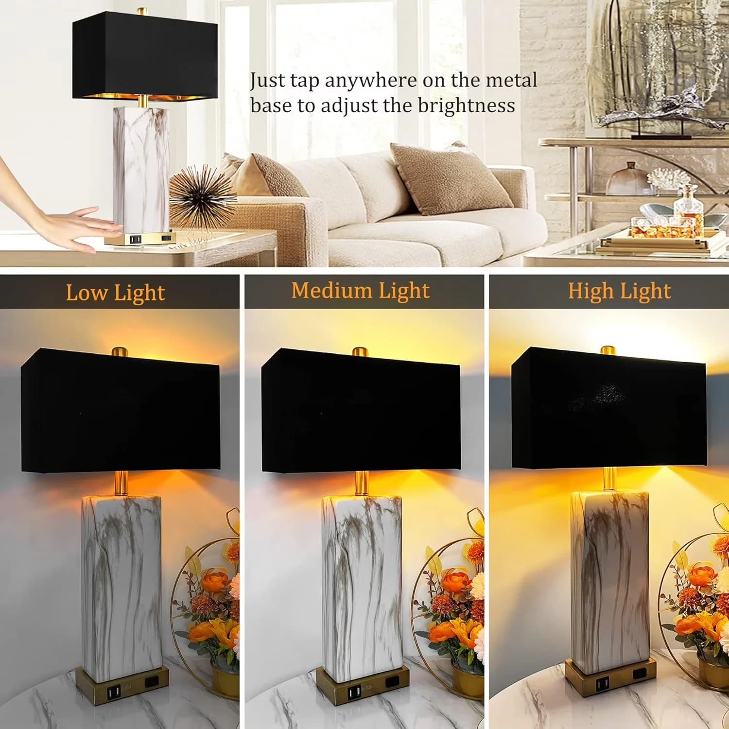 Essential Lamp Set with LED, Dimmable, Art Deco - Handmade Ceramic Base, Faux Marble Accent, Fabric Shade Black Model 497ADC