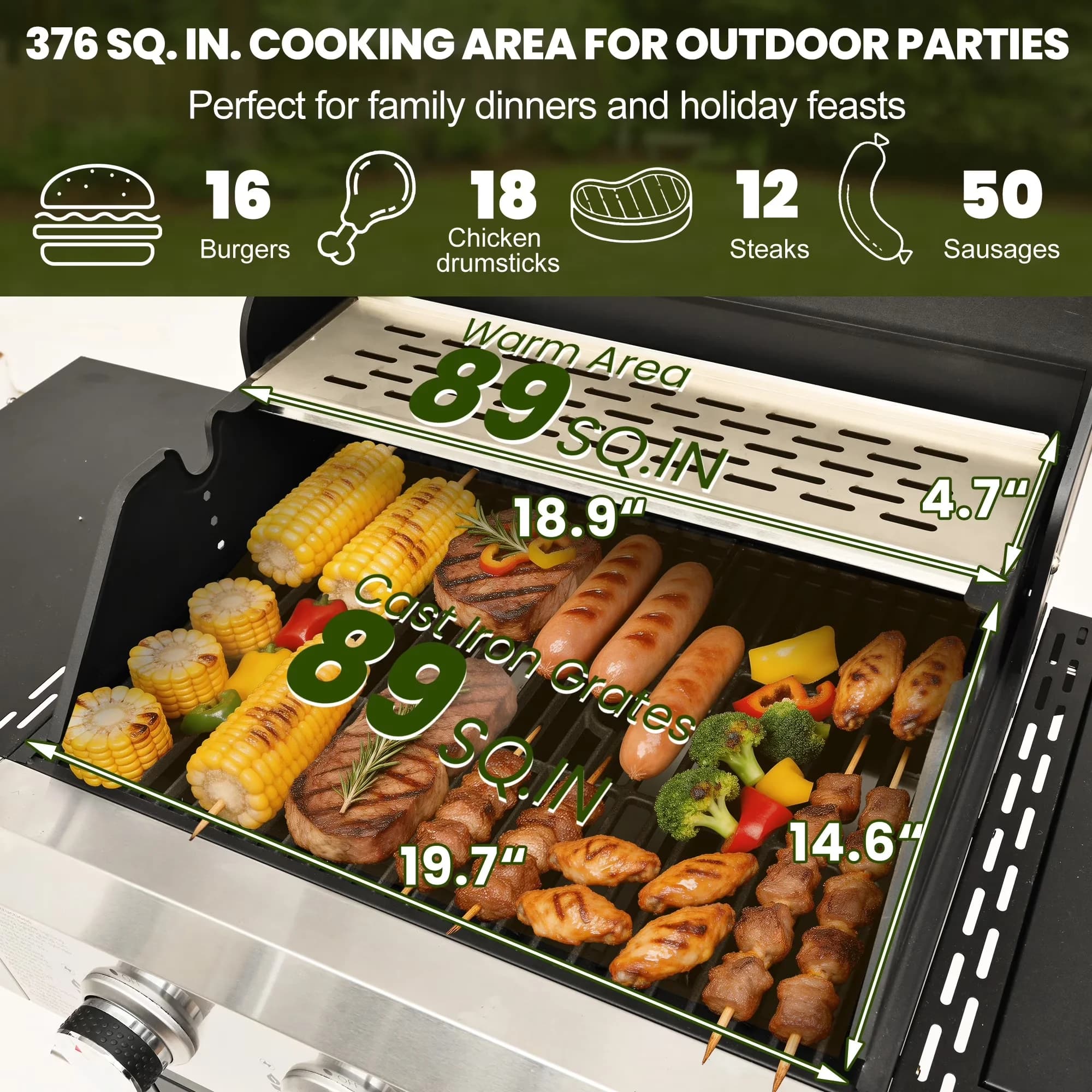 Professional Gas Grill with 40500 BTU, Foldable Legs - Silver Stainless Steel, Iron for Camping, Patio Model 3A68FF