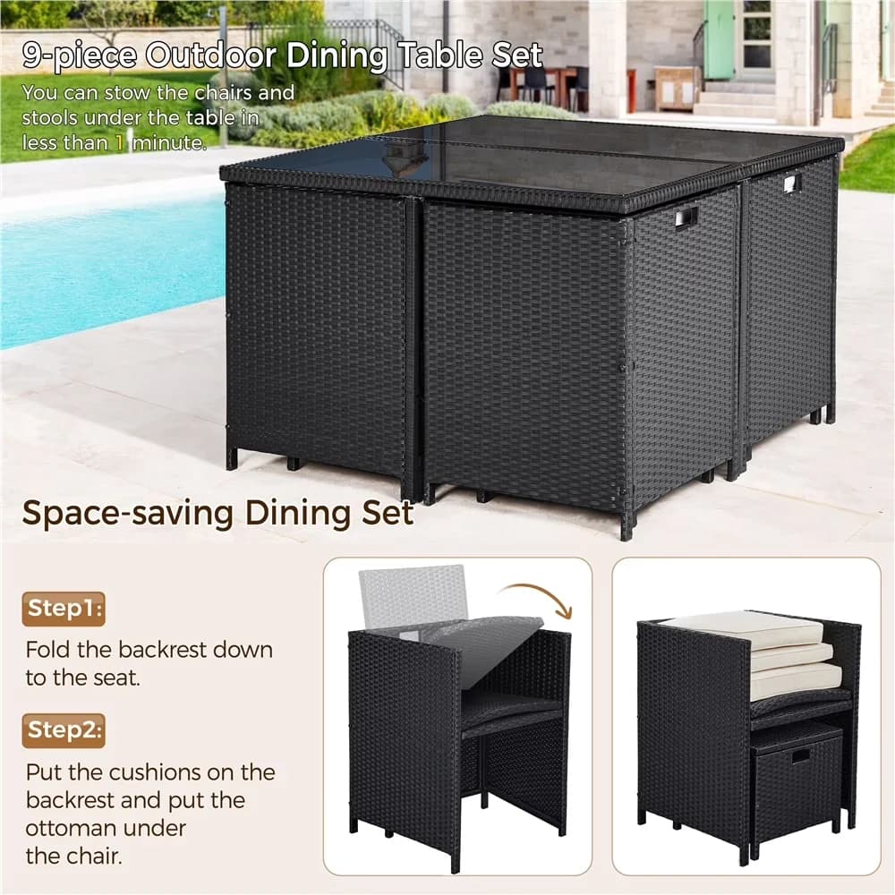 Patio Dining Set Premium with Storage, 9-Piece Wicker - Powder-Coated Metal, Pe Rattan, Tempered Glass, Polyester Fabric, Foam Black... Model B0C5B0
